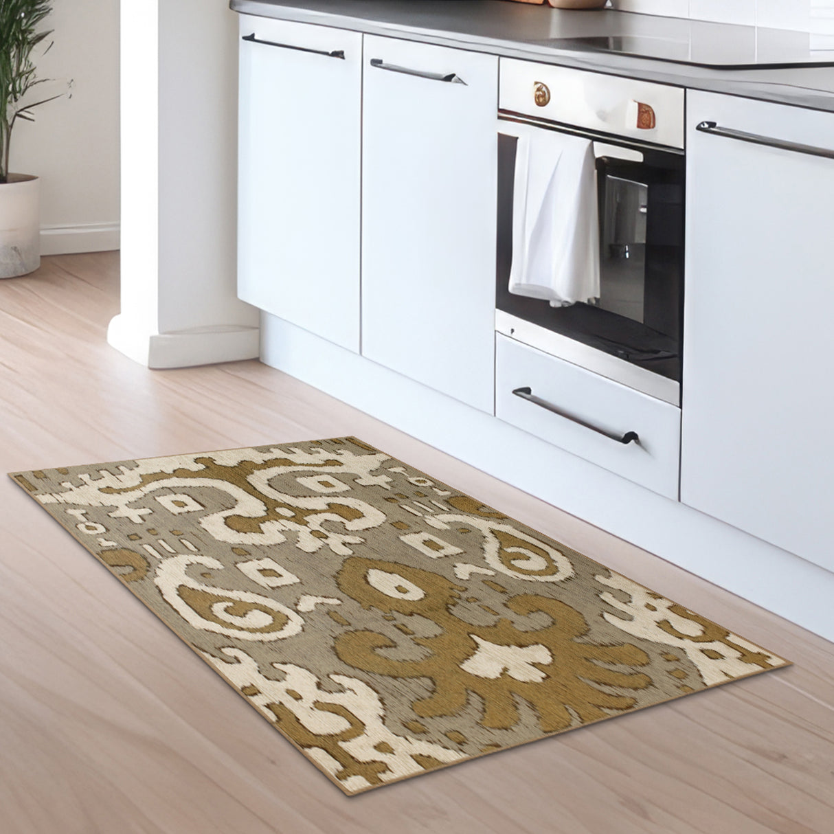 Ochre Ikat Grey Gold Washable Rug