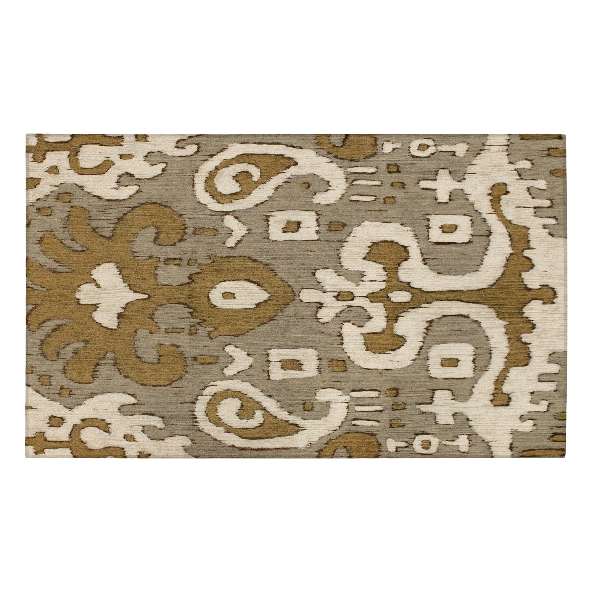 Ochre Ikat Grey Gold Bedroom Washable Rug