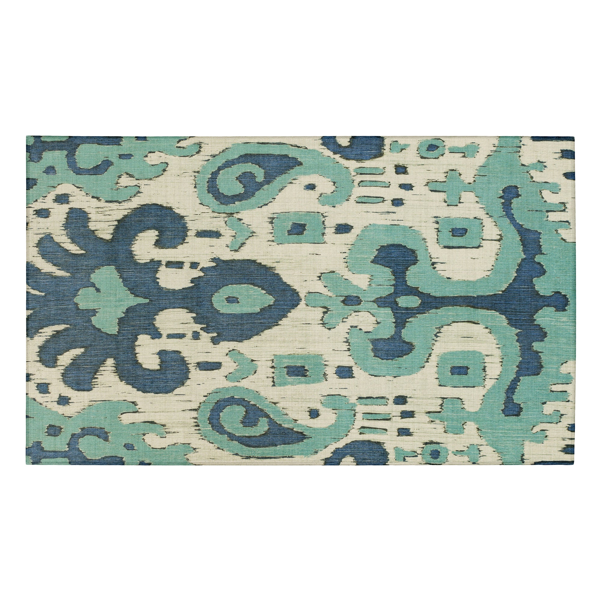 Ochre Ikat Steel Blue Bedroom Washable Rug