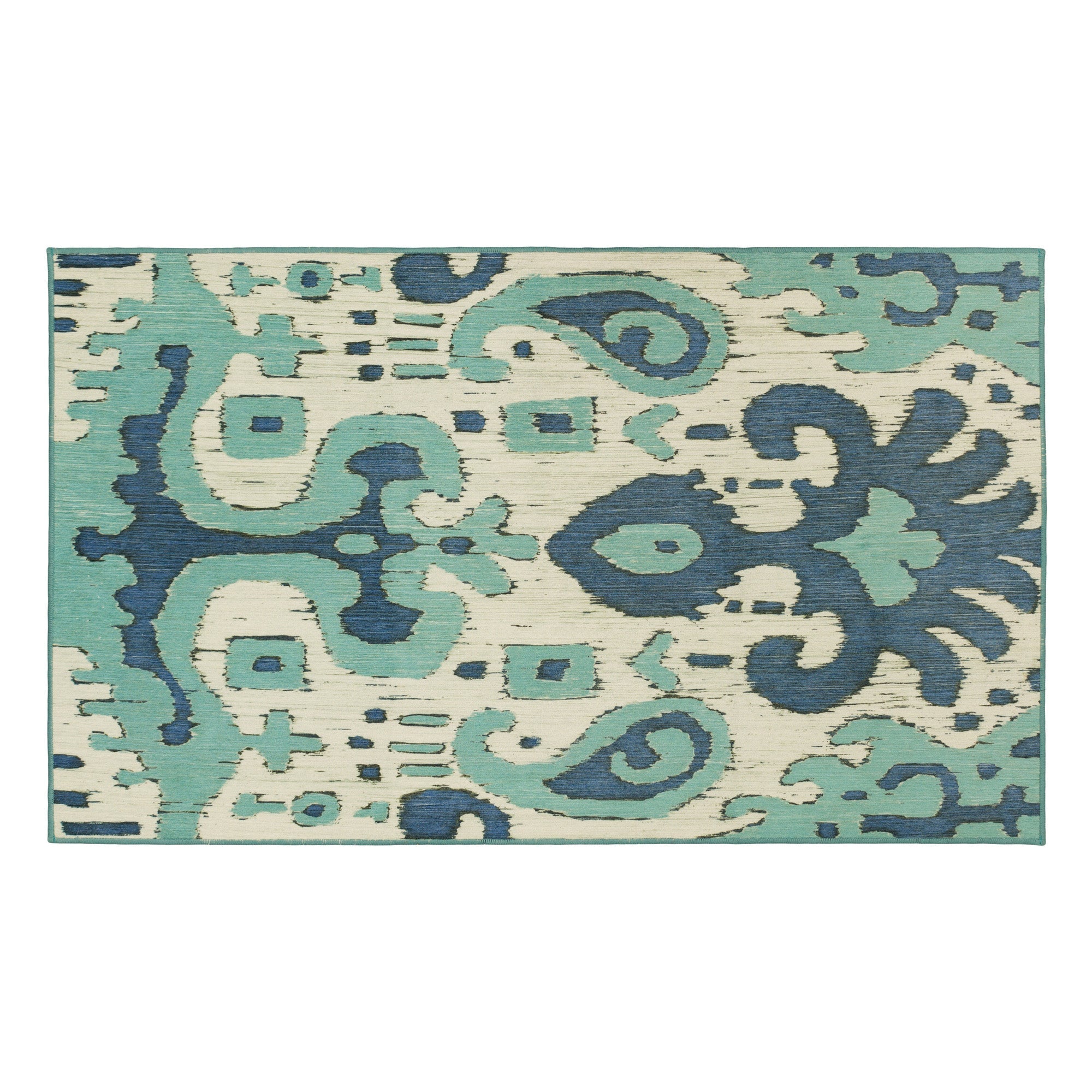 Ochre Ikat Steel Blue Kitchen Washable Rug