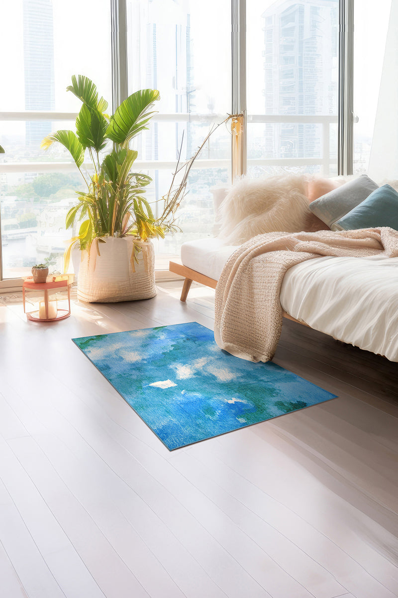 Watercolor Aqua Washable Rug