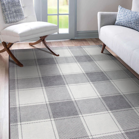 Buffalo Plaid Grey and White Washable Rug