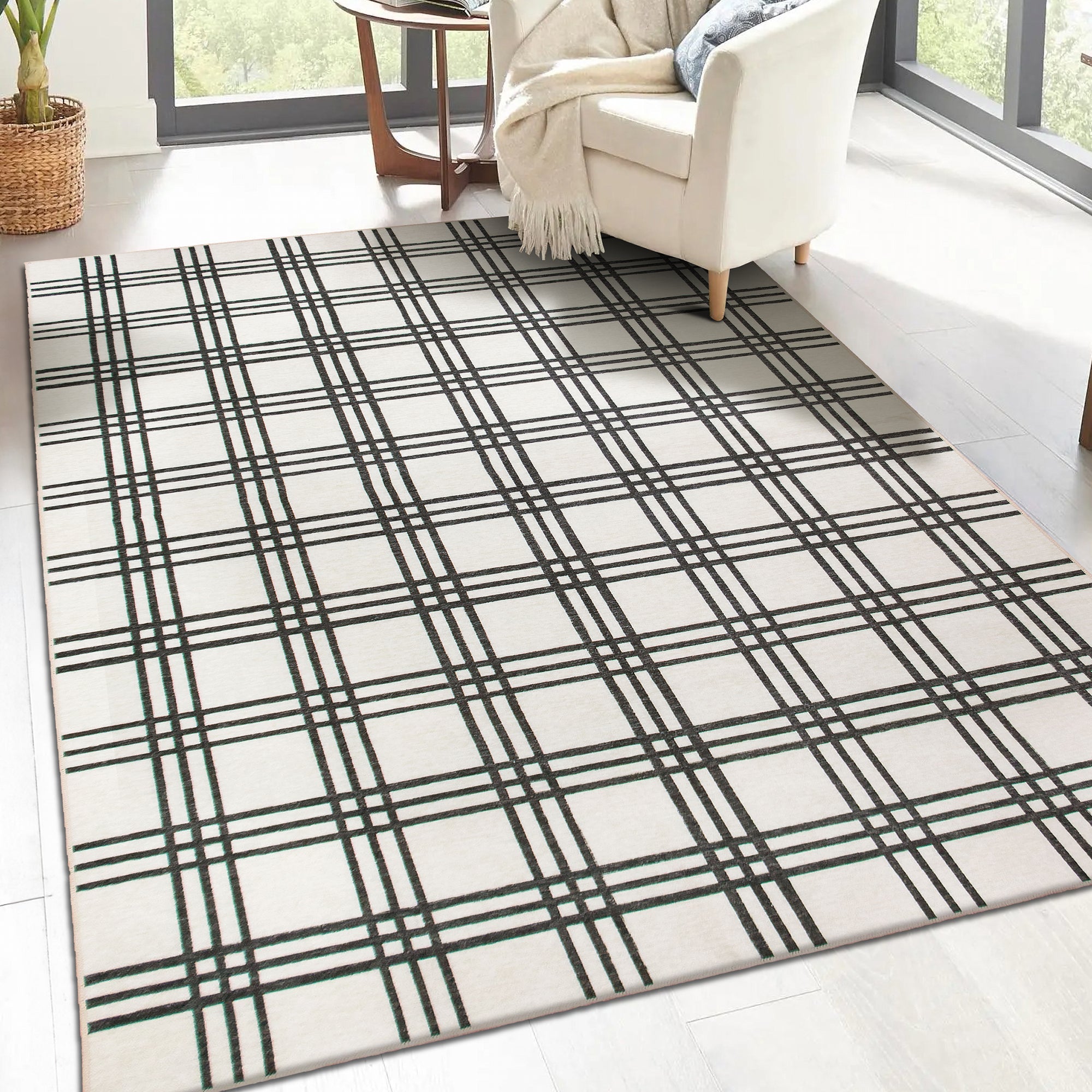 Plaid Black and Cream Living Room Washable Rug