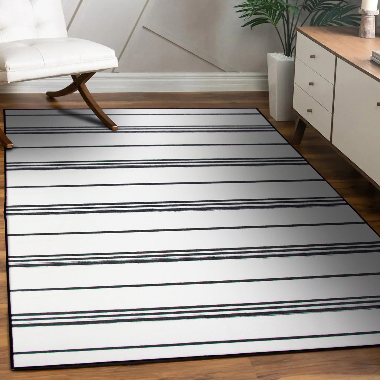 Stripe Black and White Washable Rug