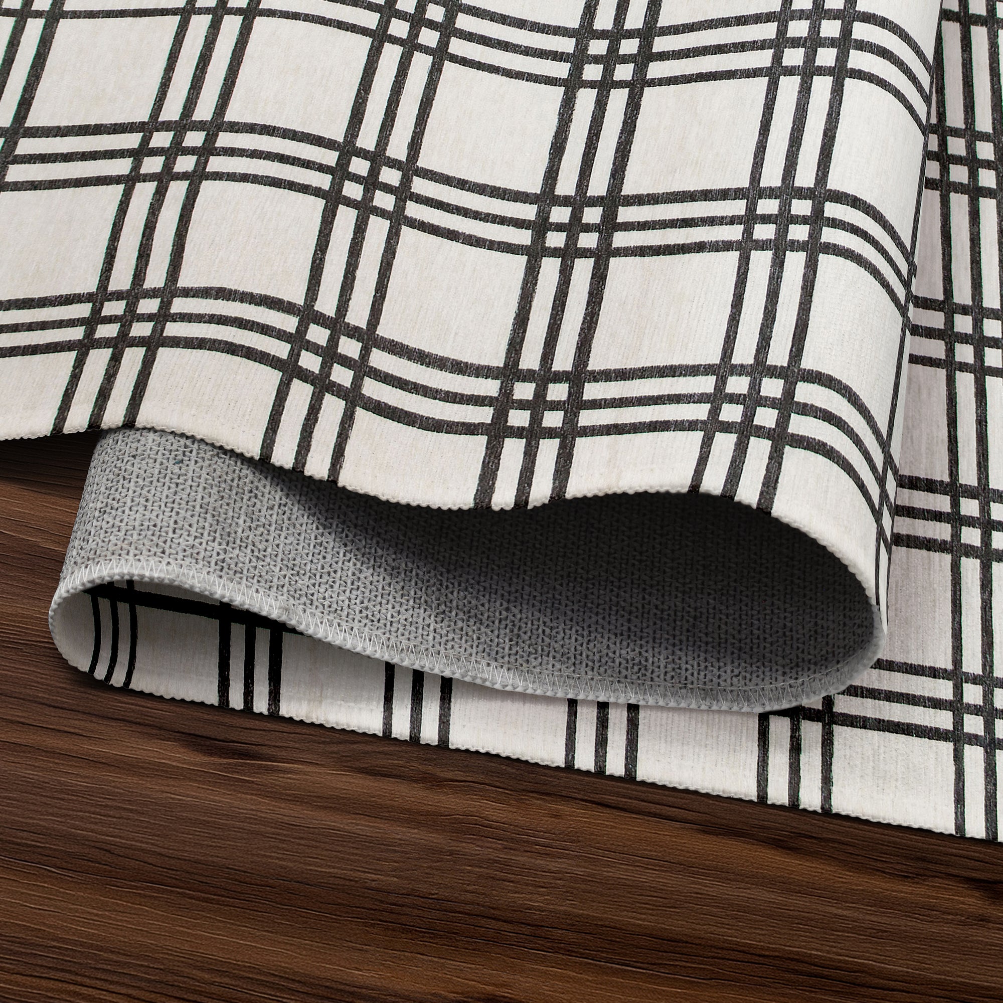 Plaid Black and Cream Washable Rug
