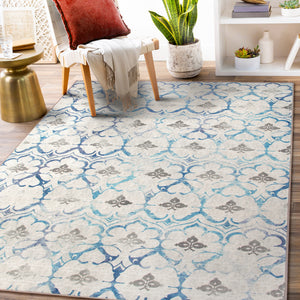 Leilani Damask Beige Blue Washable Rug