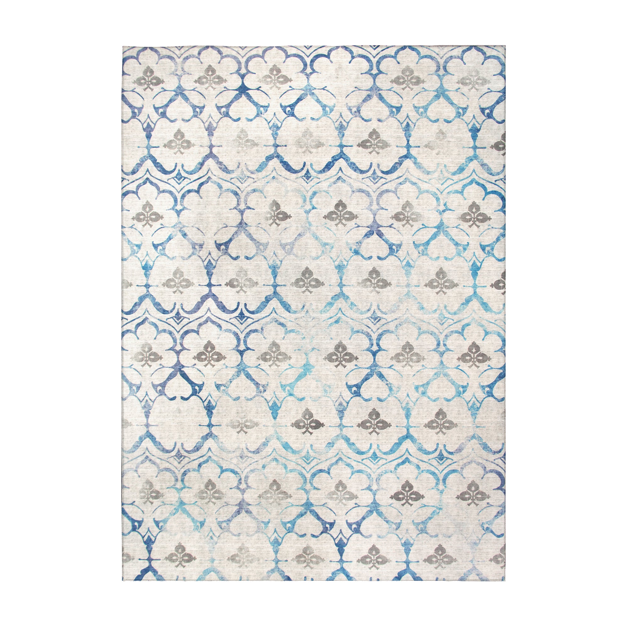 Leilani Damask Beige Blue Washable Rug