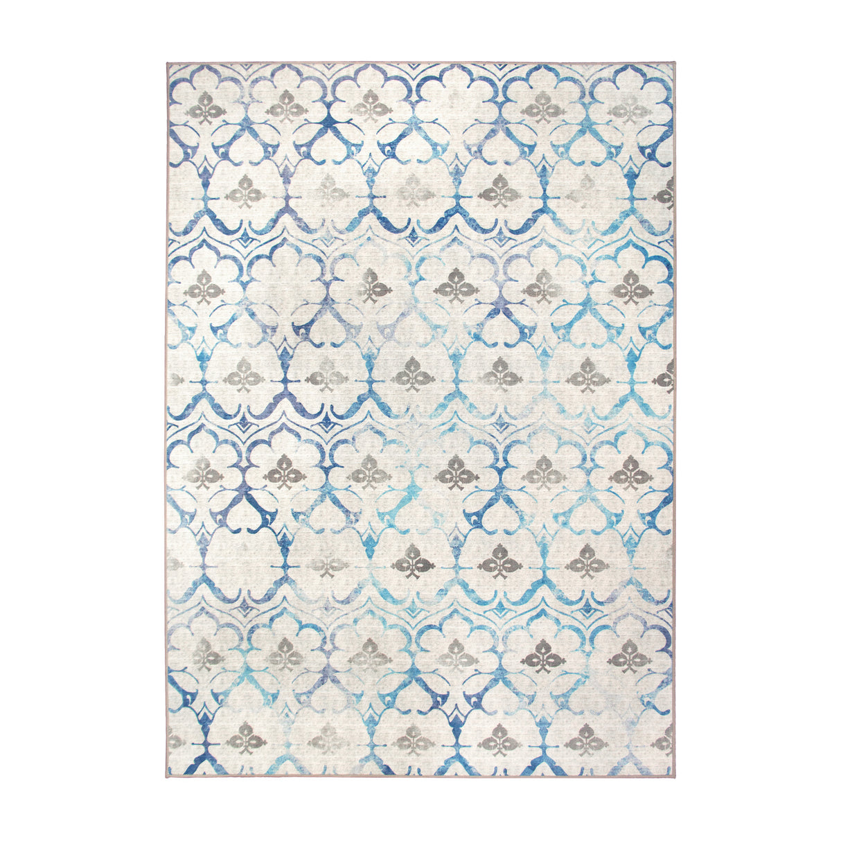 Leilani Damask Beige Blue Washable Rug