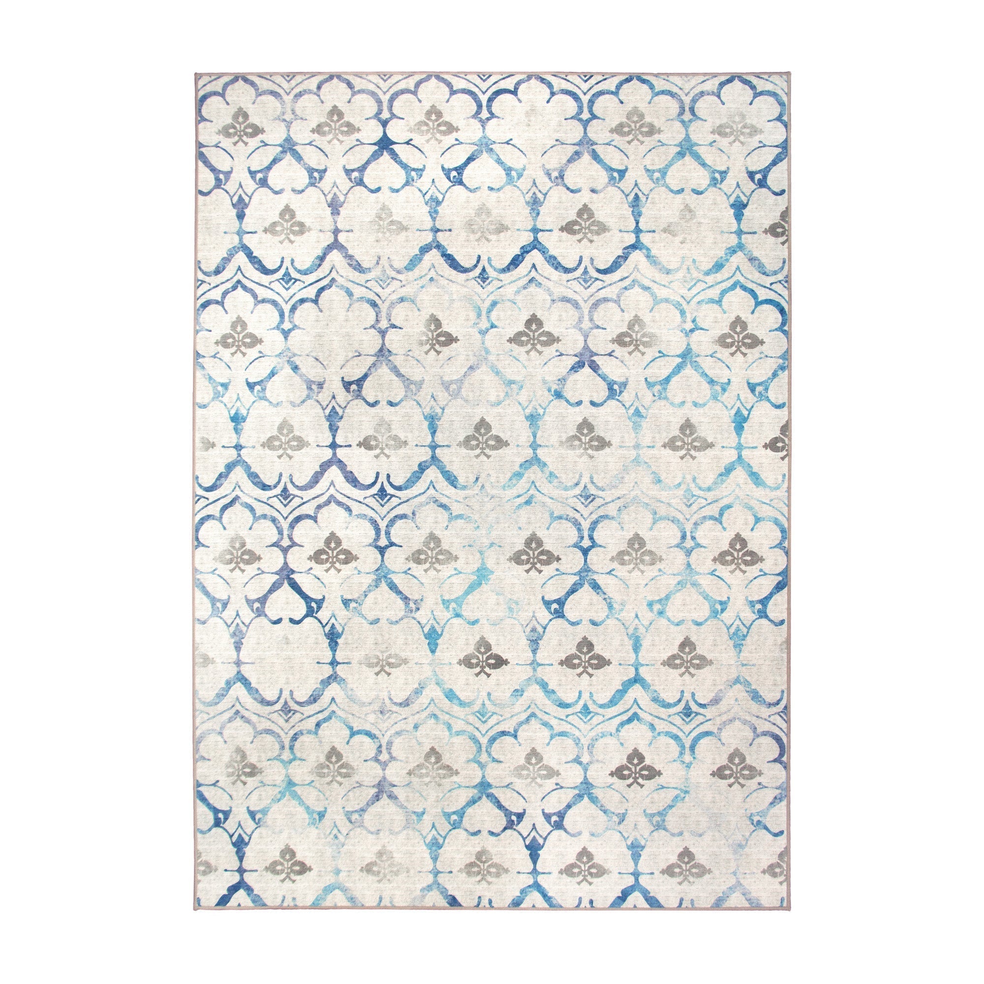 Leilani Damask Beige Blue Bedroom Washble Rug
