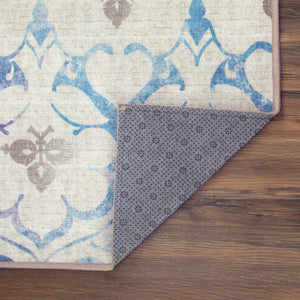 Leilani Damask Beige Blue Washable Rug