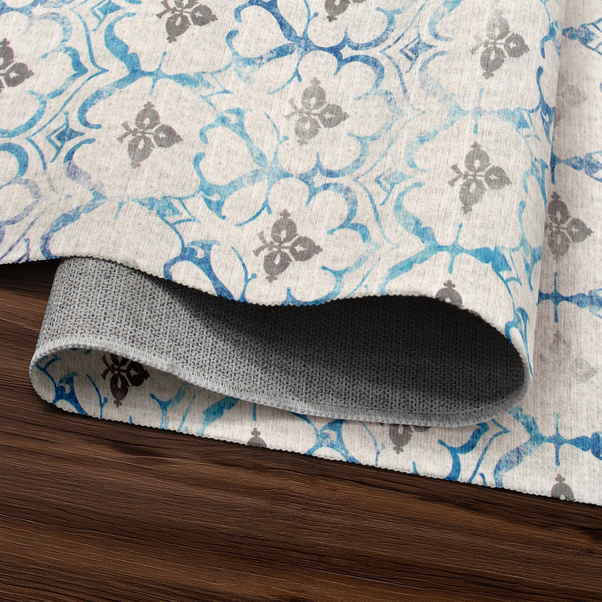 Leilani Damask Beige Blue Washable Rug