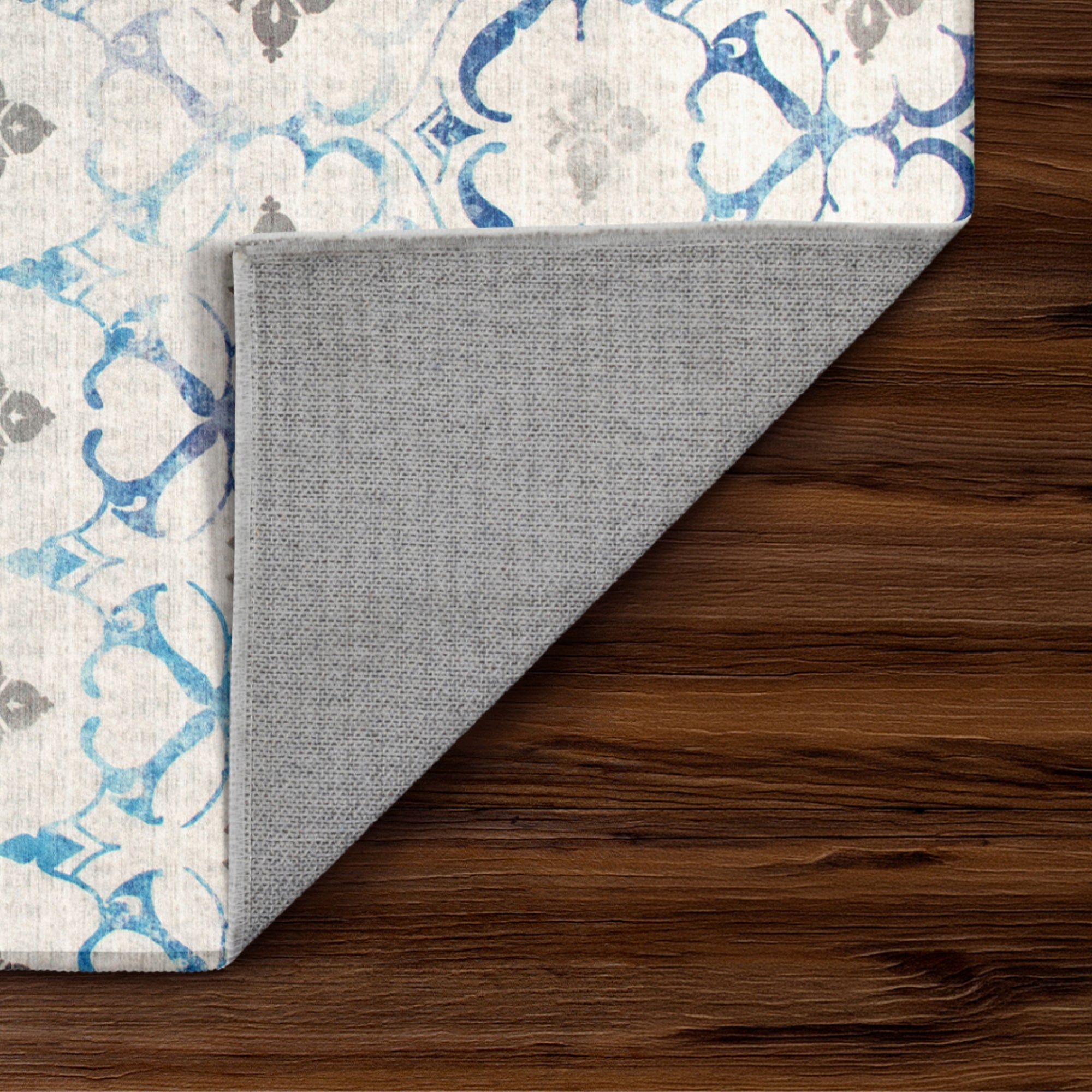 Leilani Damask Beige Blue Washable Rug