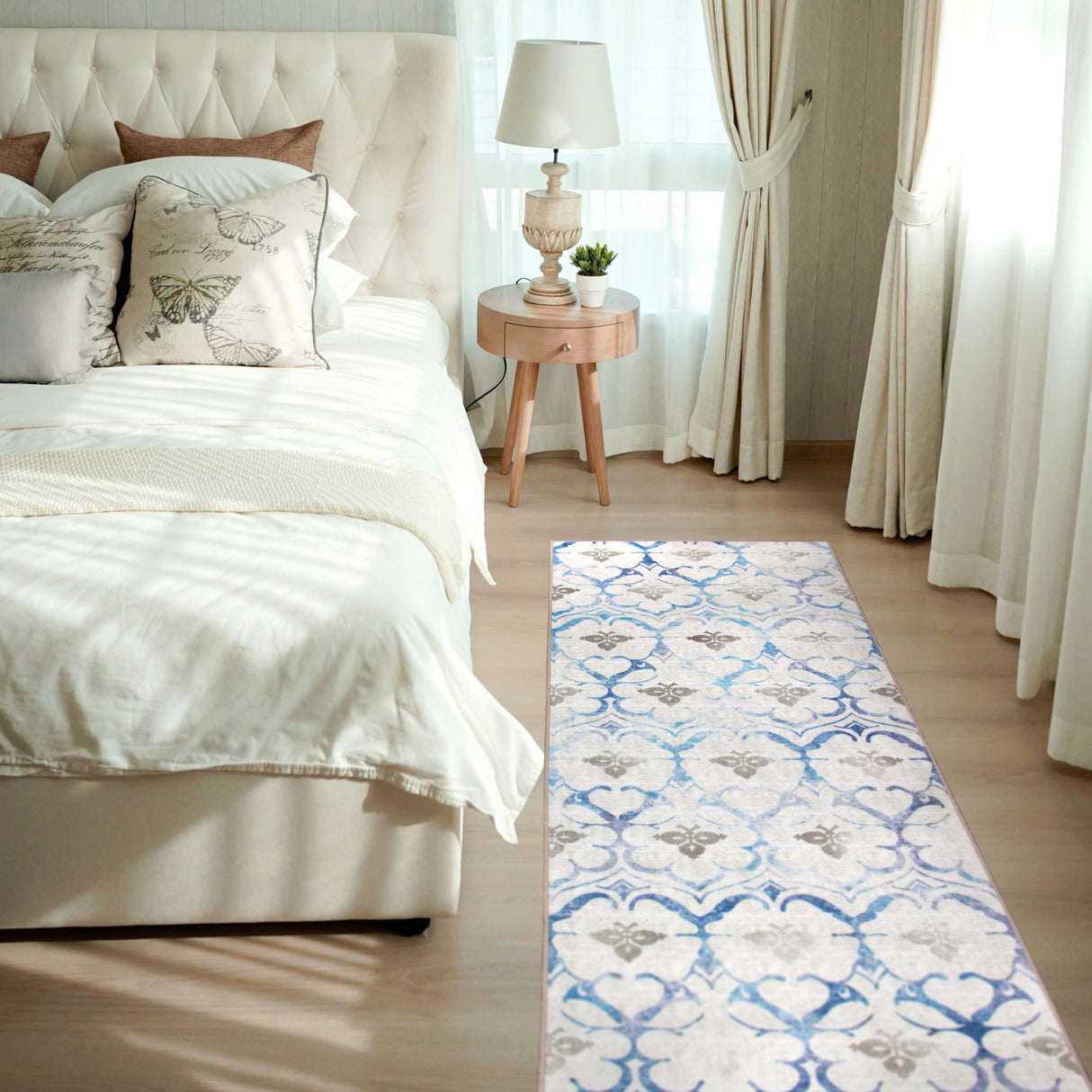 Leilani Damask Beige Blue Washable Rug