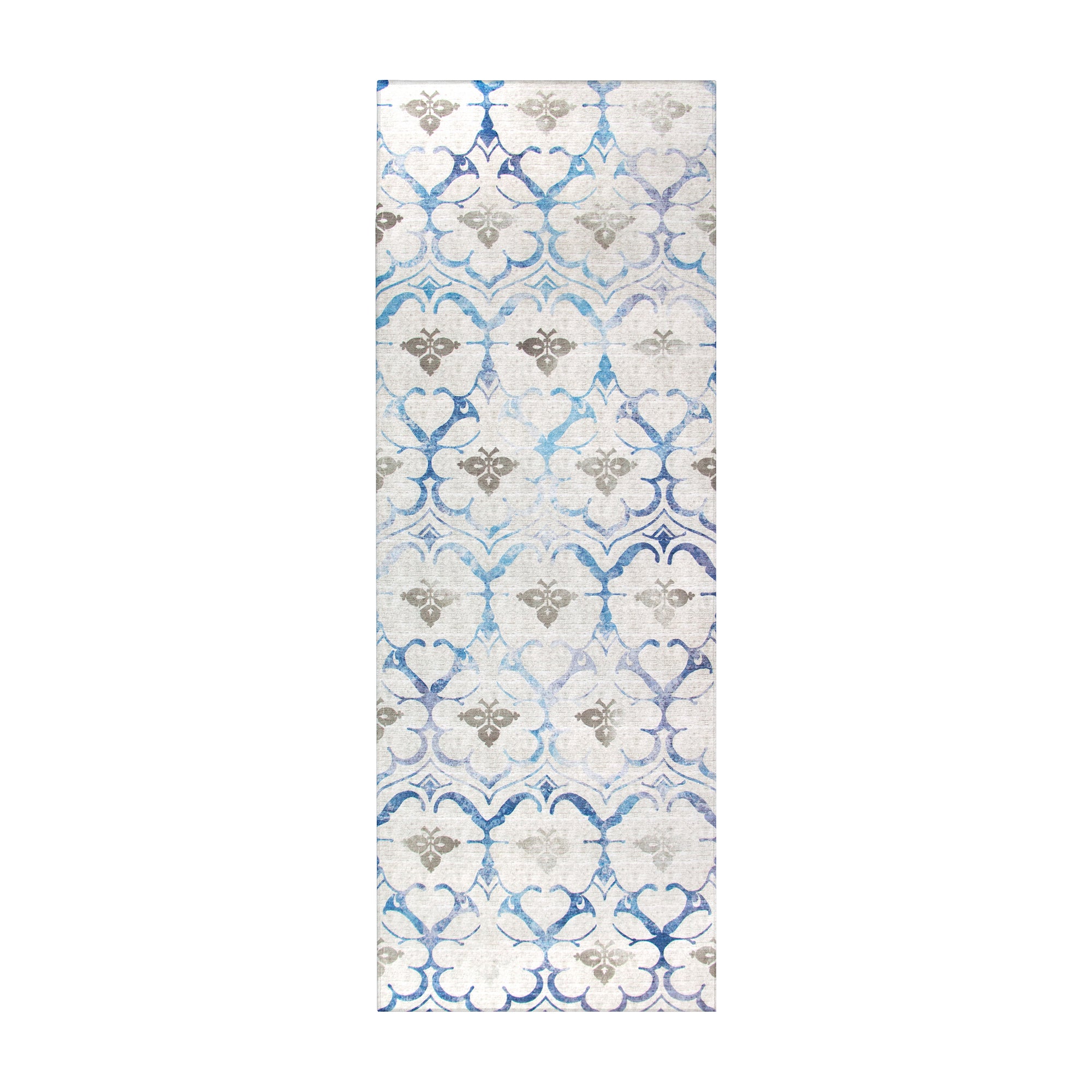 Leilani Damask Beige Blue Bedroom Washable Rug