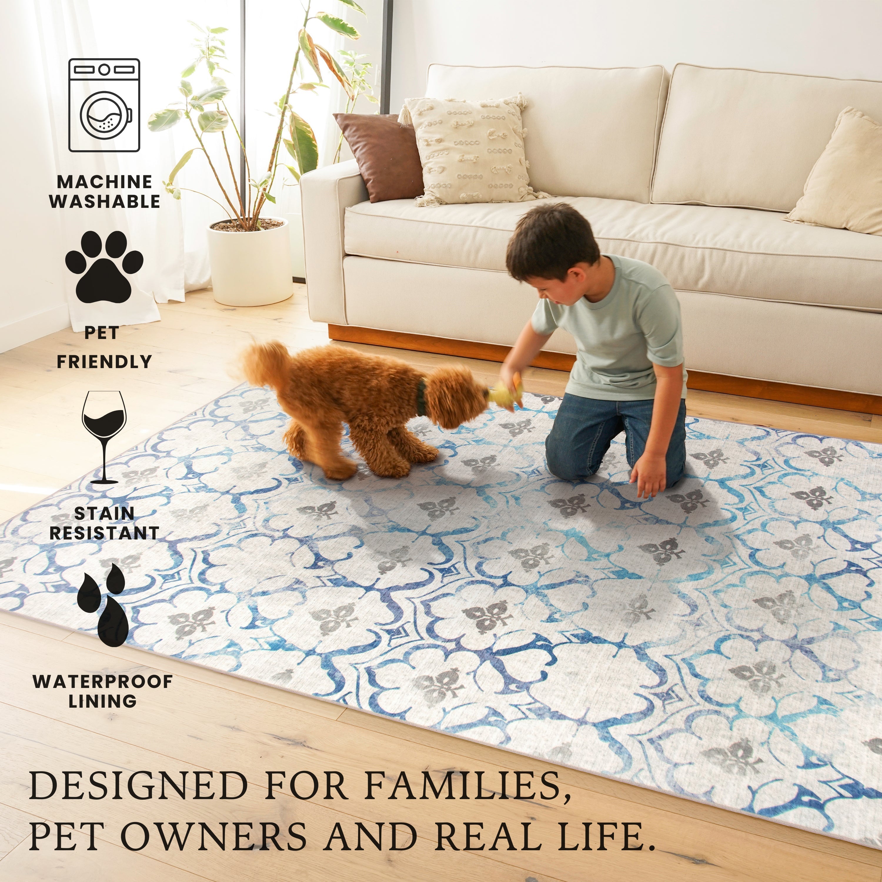 Leilani Damask Beige Blue Bedroom Washble Rug