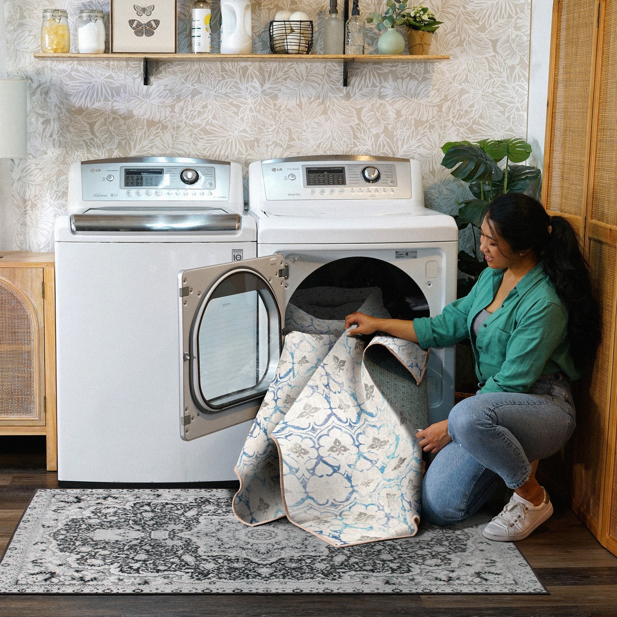 Leilani Damask Beige Blue Bedroom Washble Rug