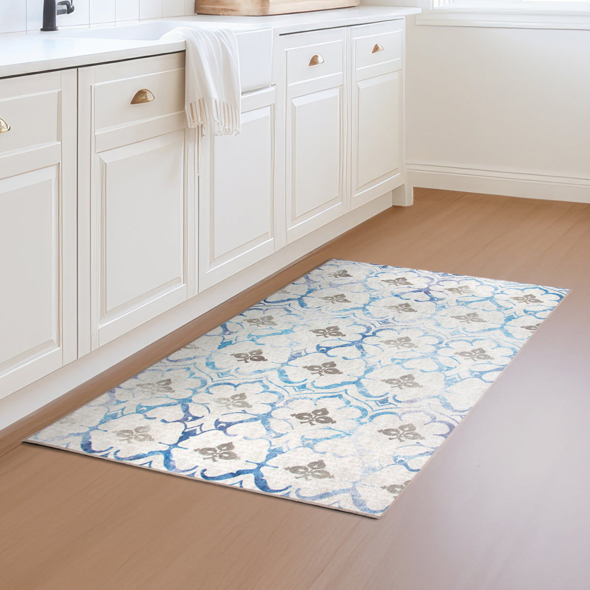 Leilani Damask Beige Blue Washable Rug