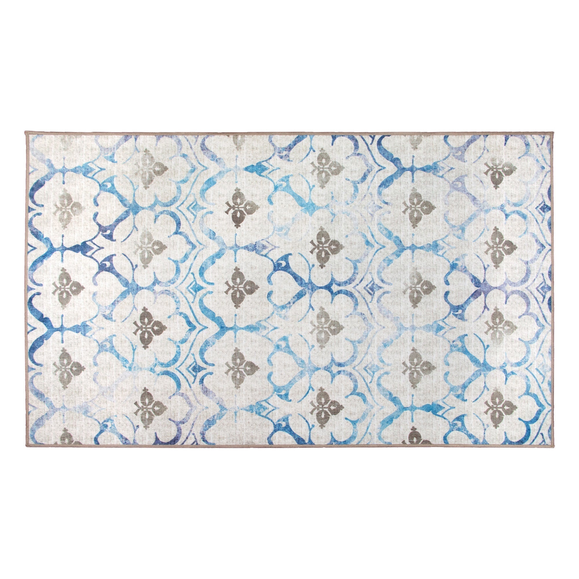 Leilani Damask Beige Blue Doorways & Entrances Washble Rug