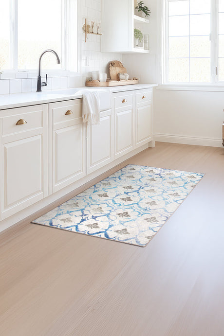 Leilani Damask Beige Blue Washable Rug