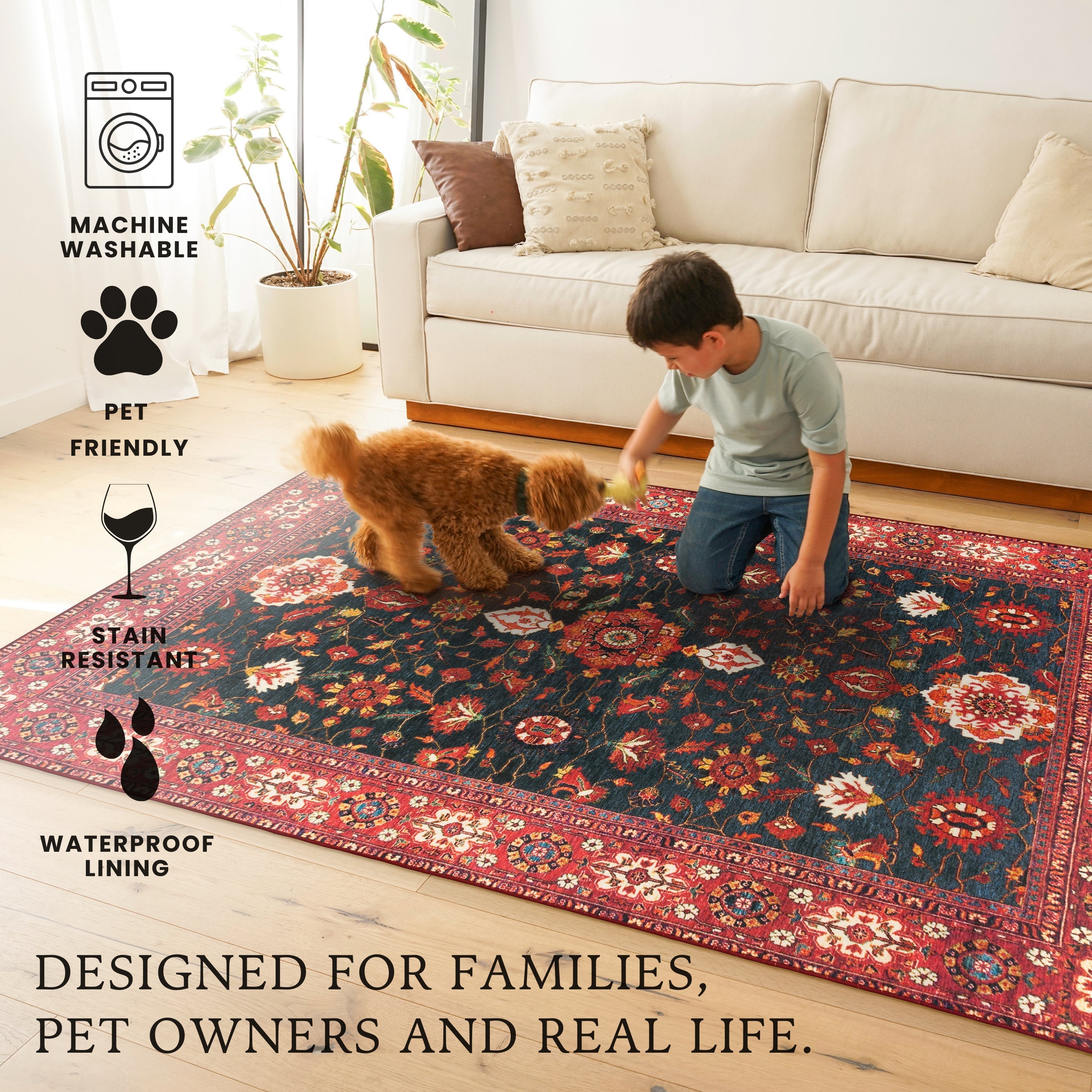 Ramage Indigo Bedroom Washble Rug
