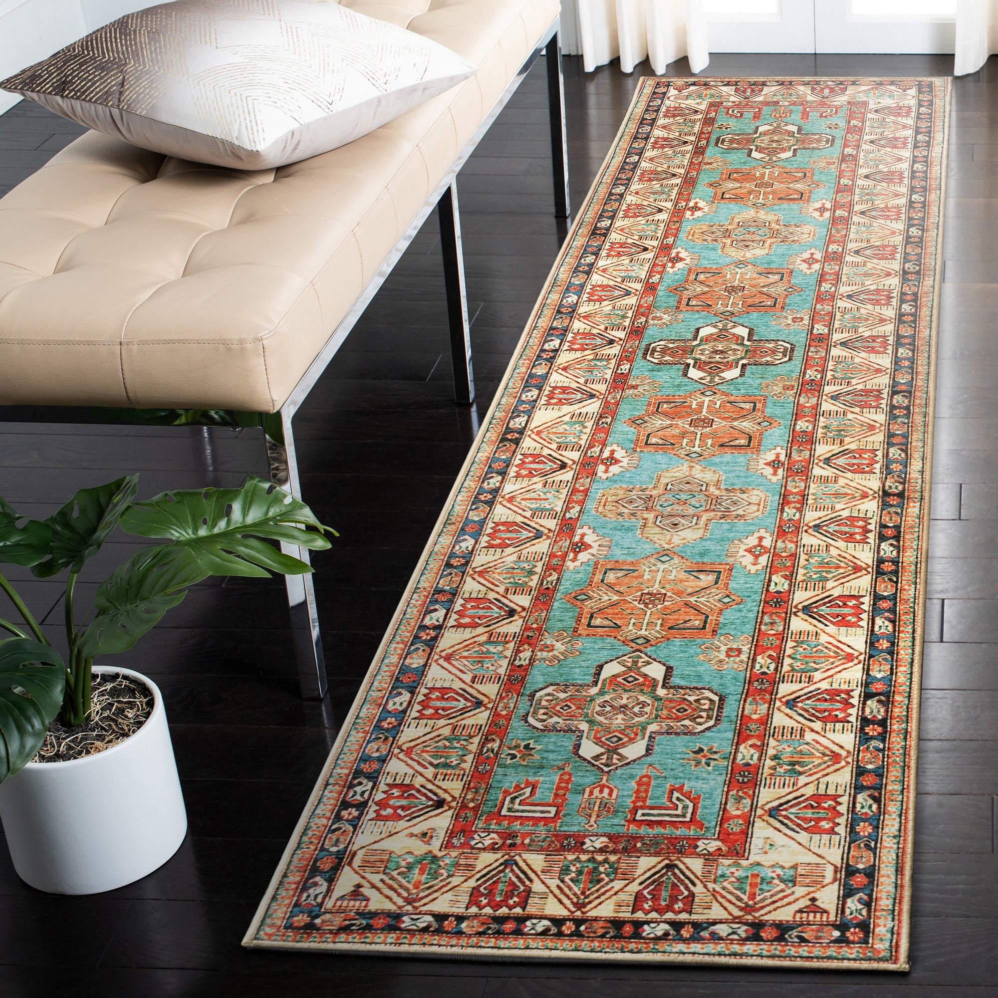 Ottoman Turquoise Bedroom Washble Rug