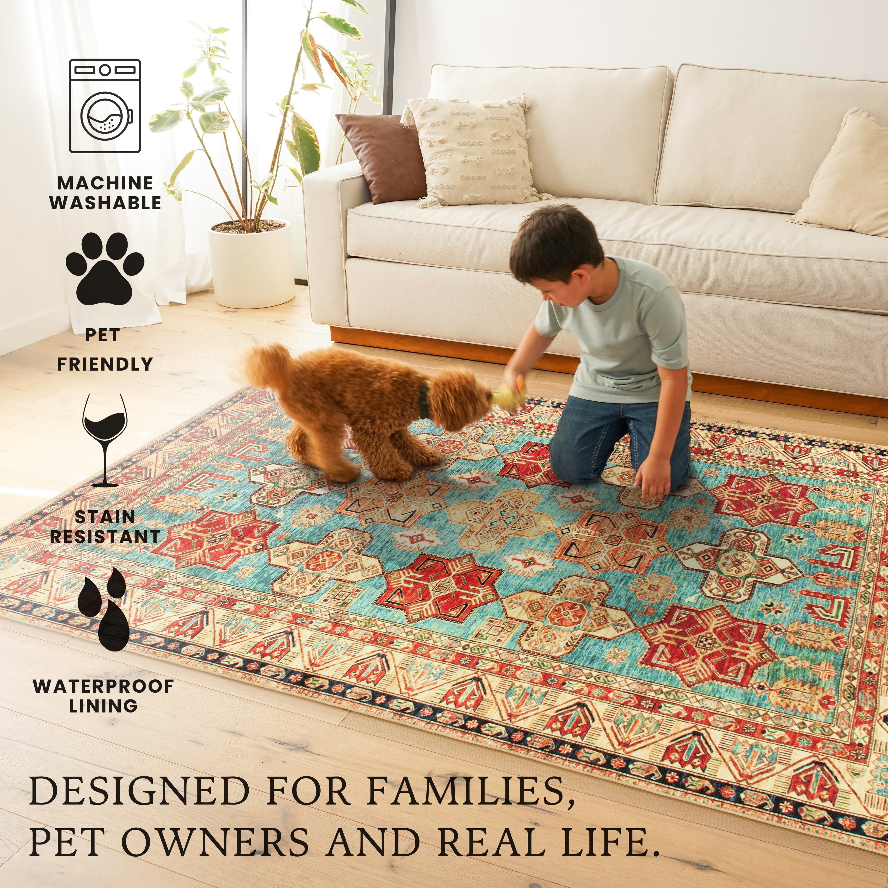 Ottoman Turquoise Bedroom Washble Rug