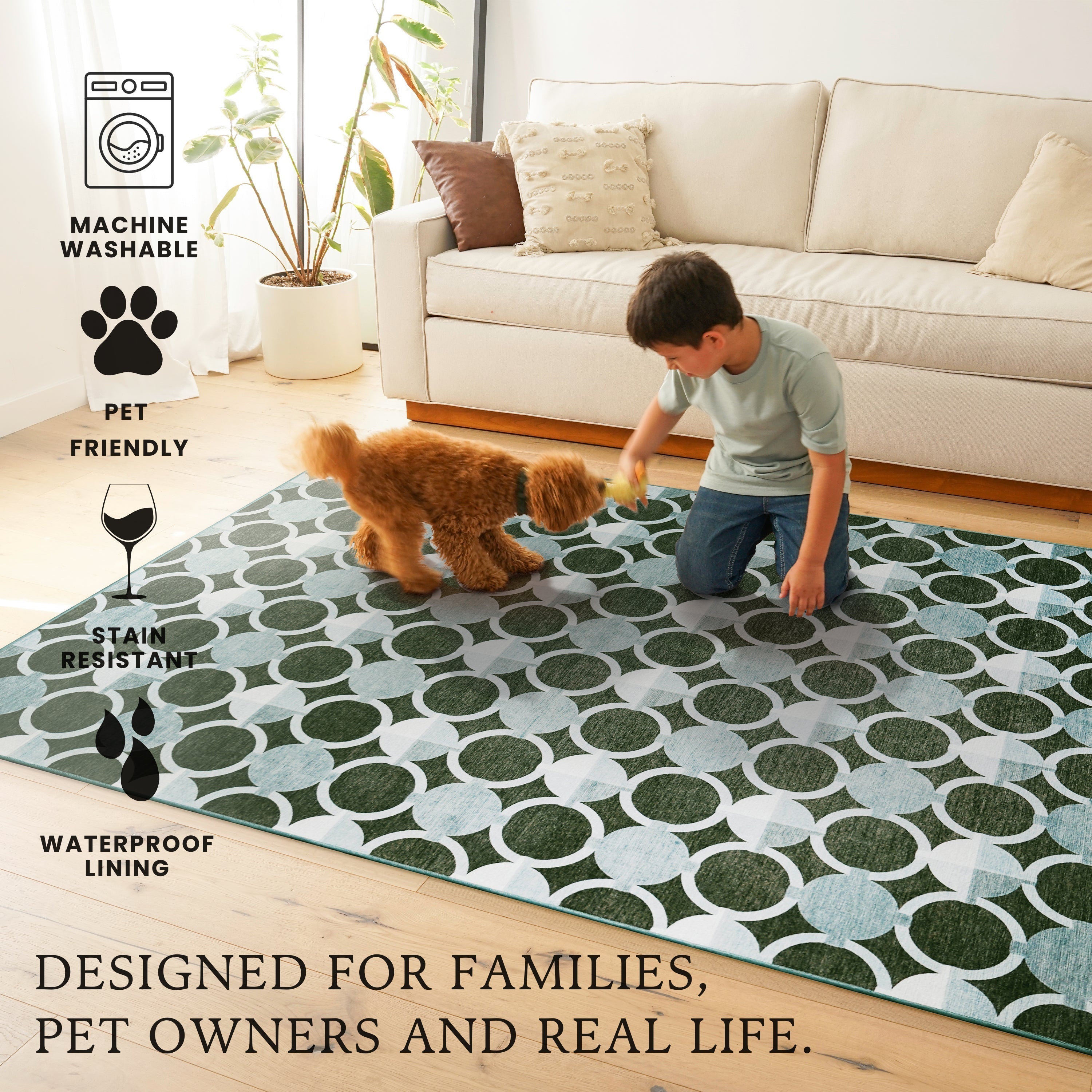 Dula Dark Sage Green Bedroom Washble Rug