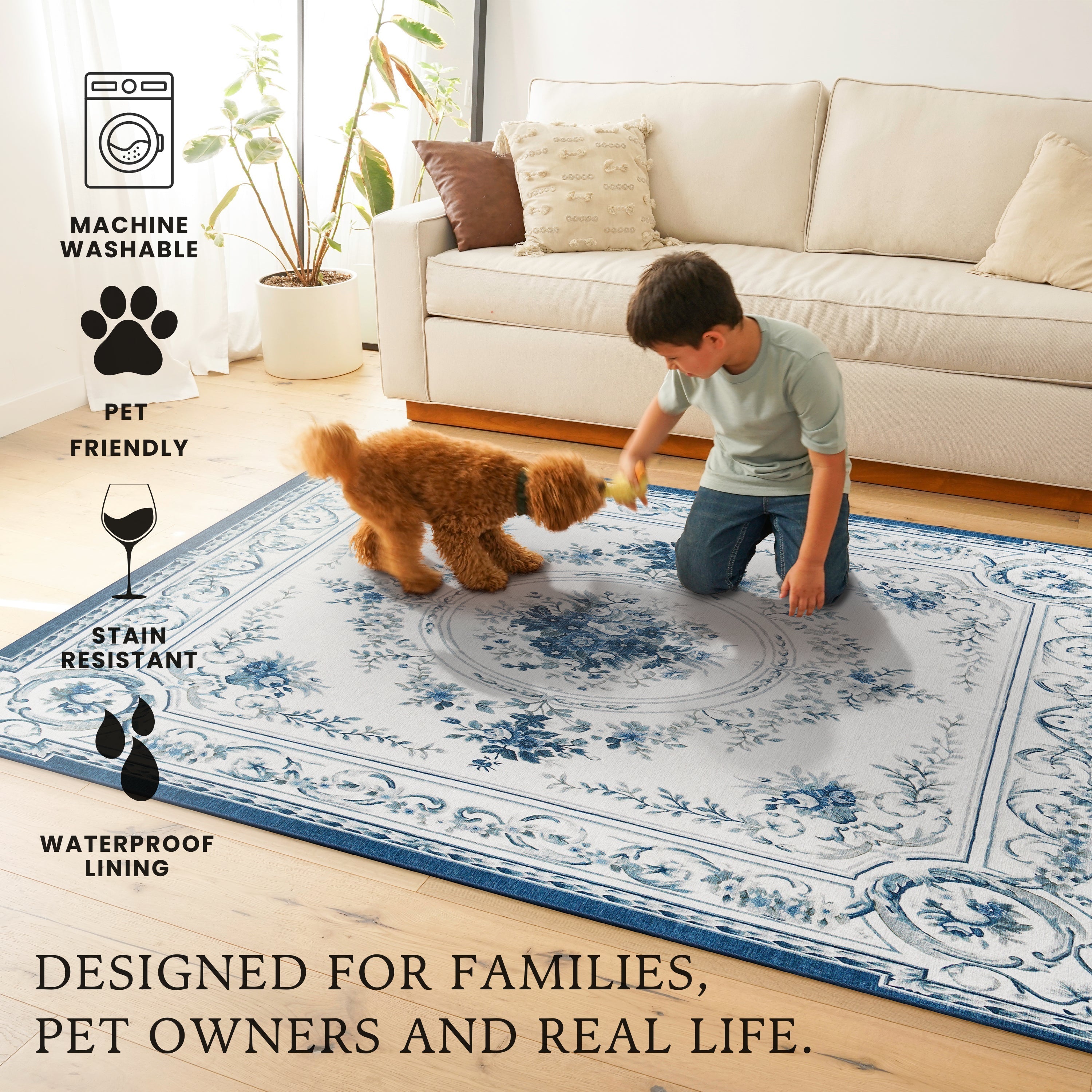 Aubusson Blue Bedroom Washble Rug