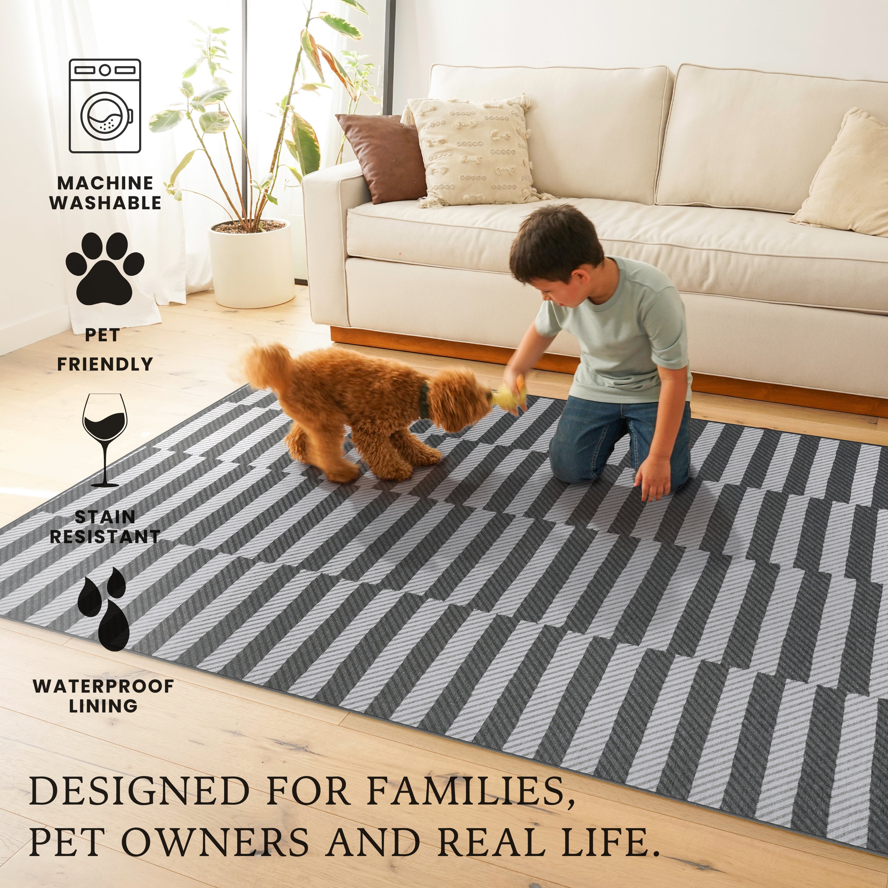 Tratti Offset Stripe Black Bedroom Washble Rug
