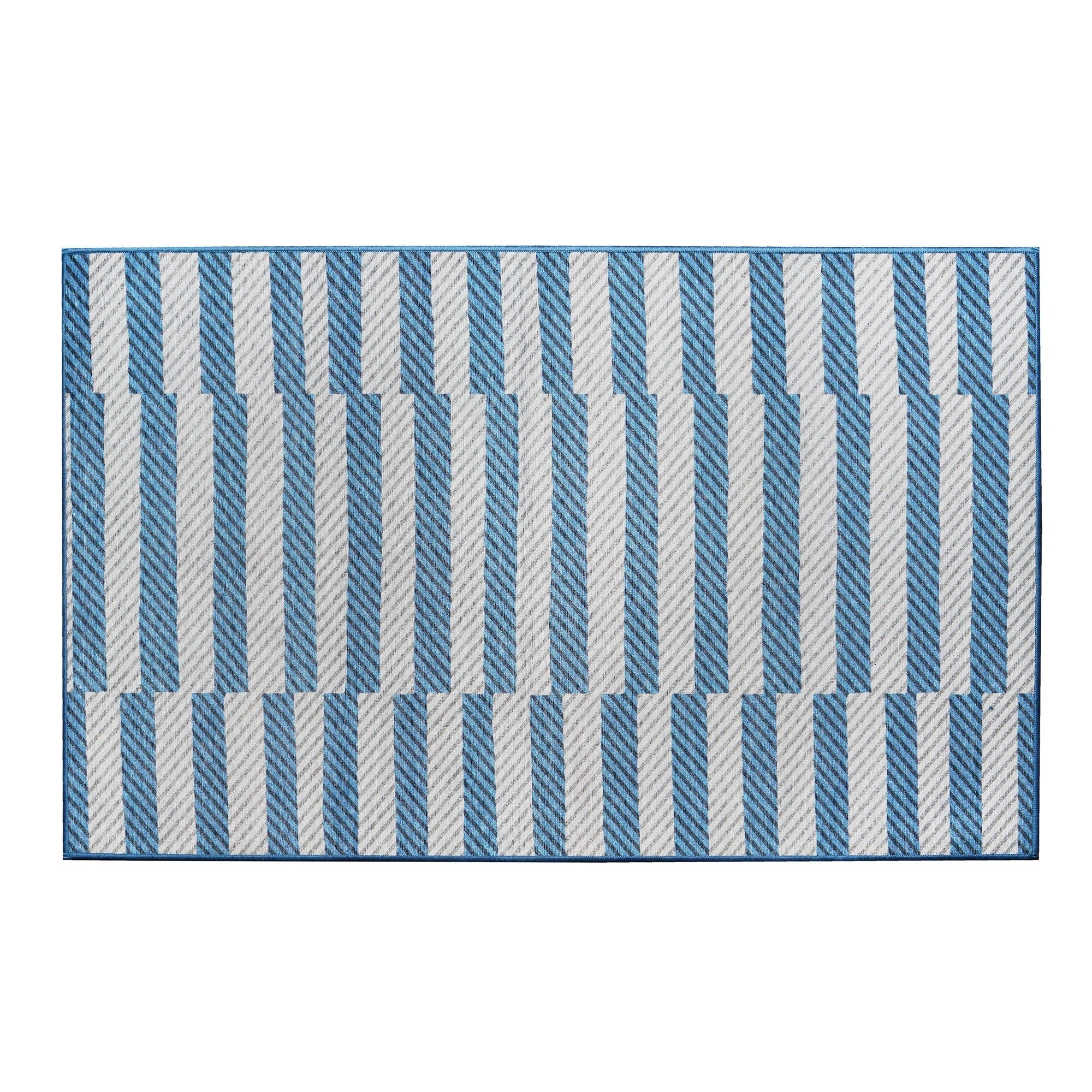 Tratti Offset Stripe Blue Bedroom Washble Rug
