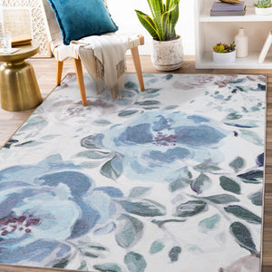 Sasha Floral Cream Blue Washable Rug