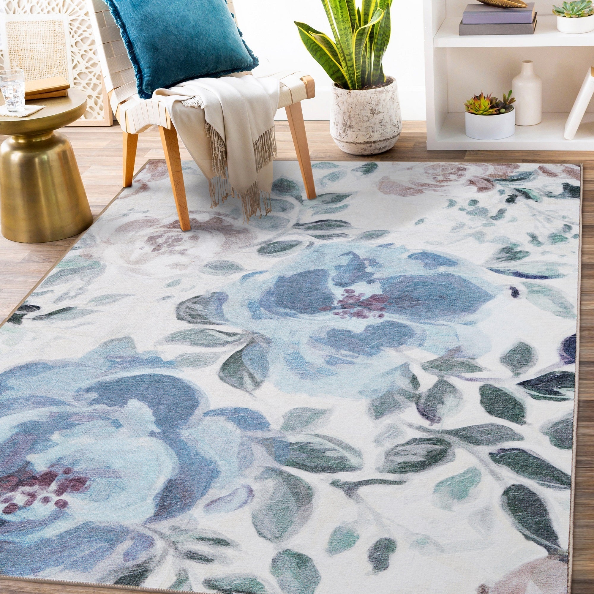 Sasha Floral Cream Blue Bedroom Washble Rug