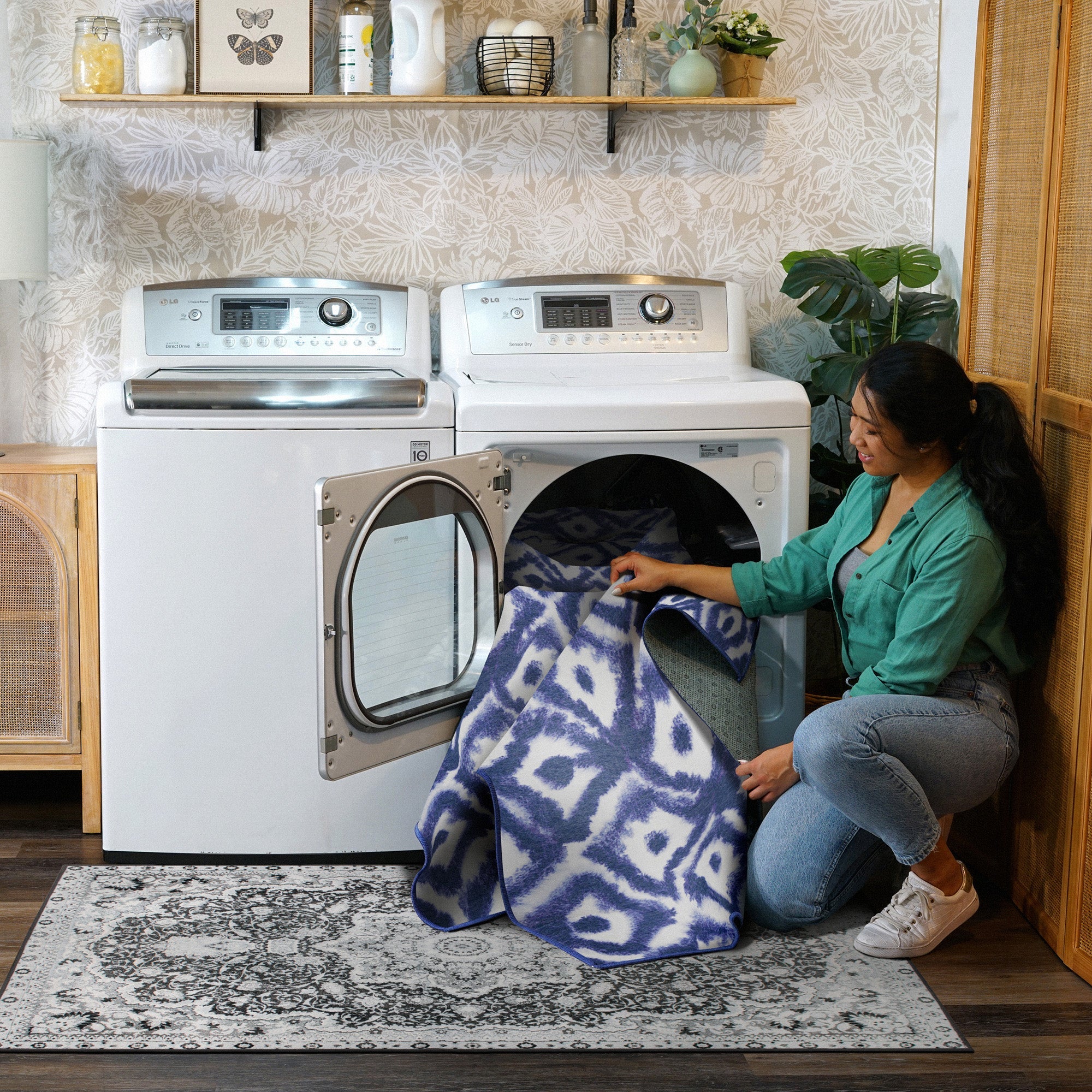 Shibori Geometric Diamond Blue Kitchen Washable Rug