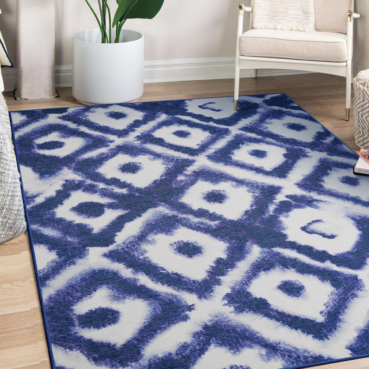 Shibori Geometric Diamond Blue Washable Rug