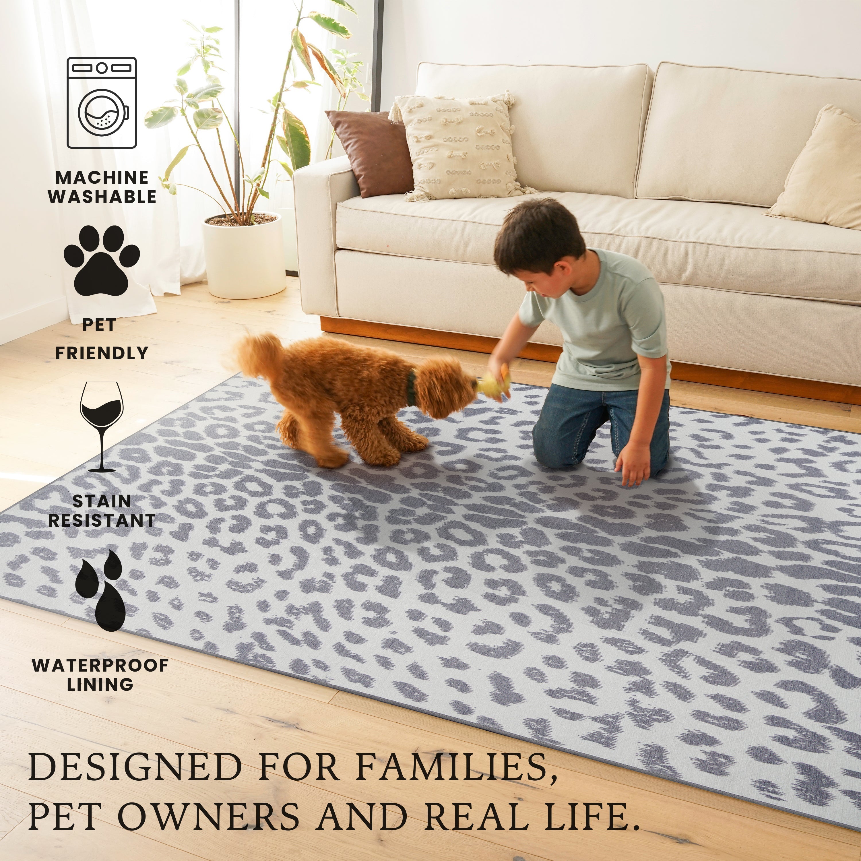 Miya Leopard Grey Washable Rug