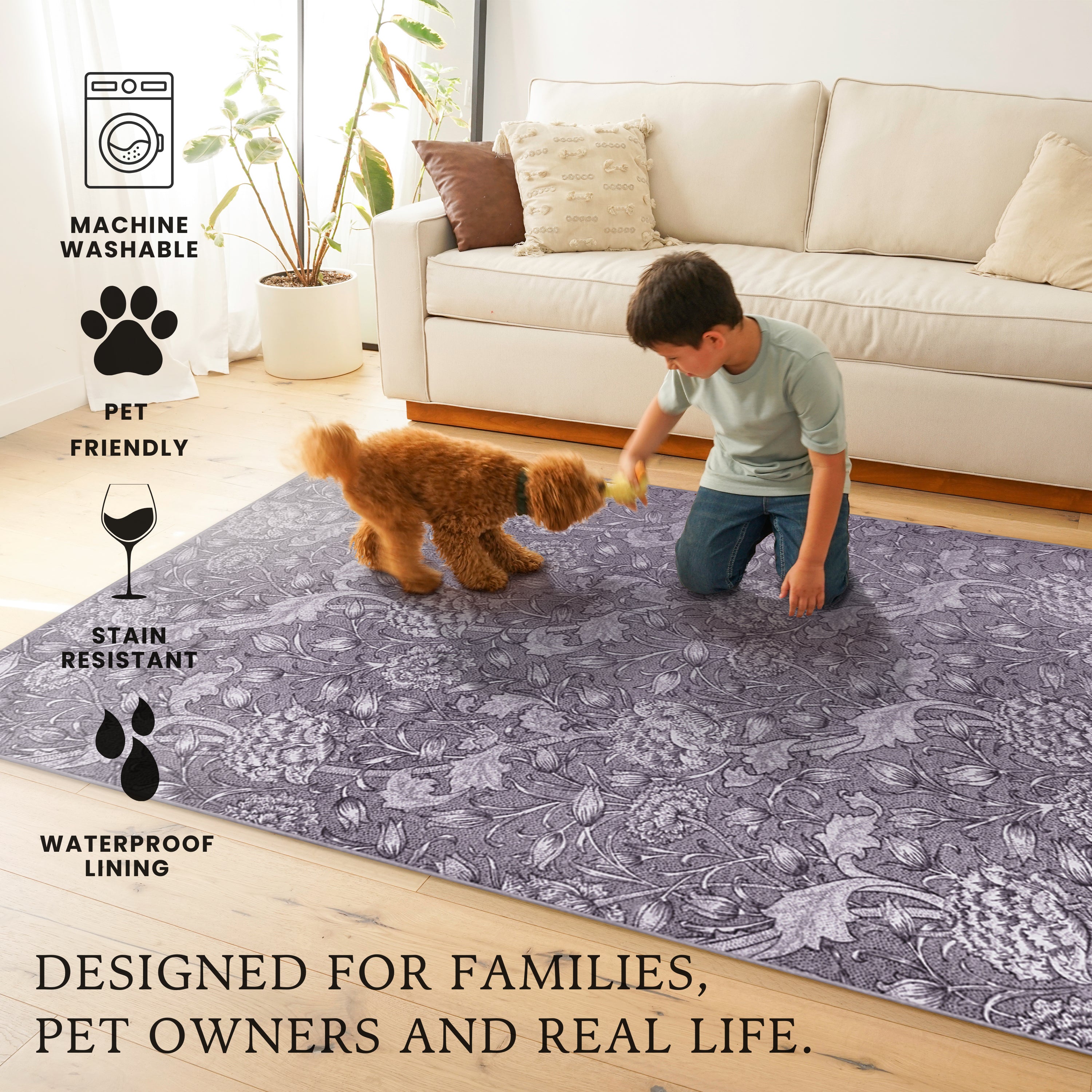 Kalini Floral Woodland Brown Washable Rug