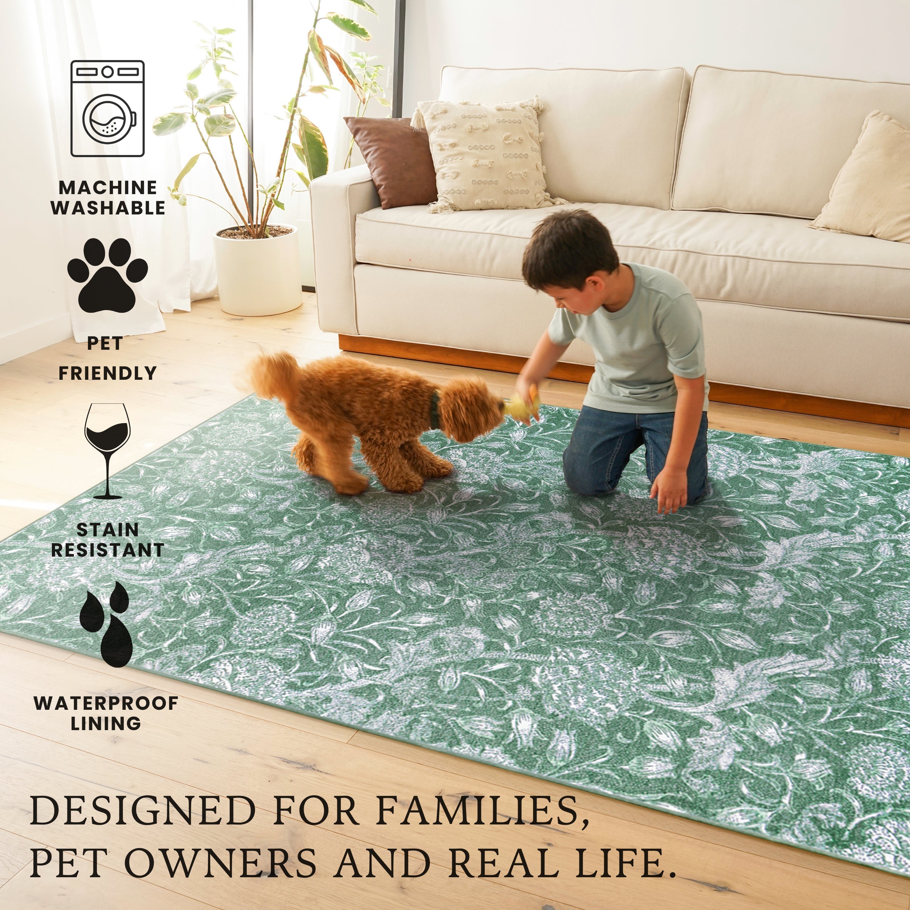Kalini Floral Green Washable Rug