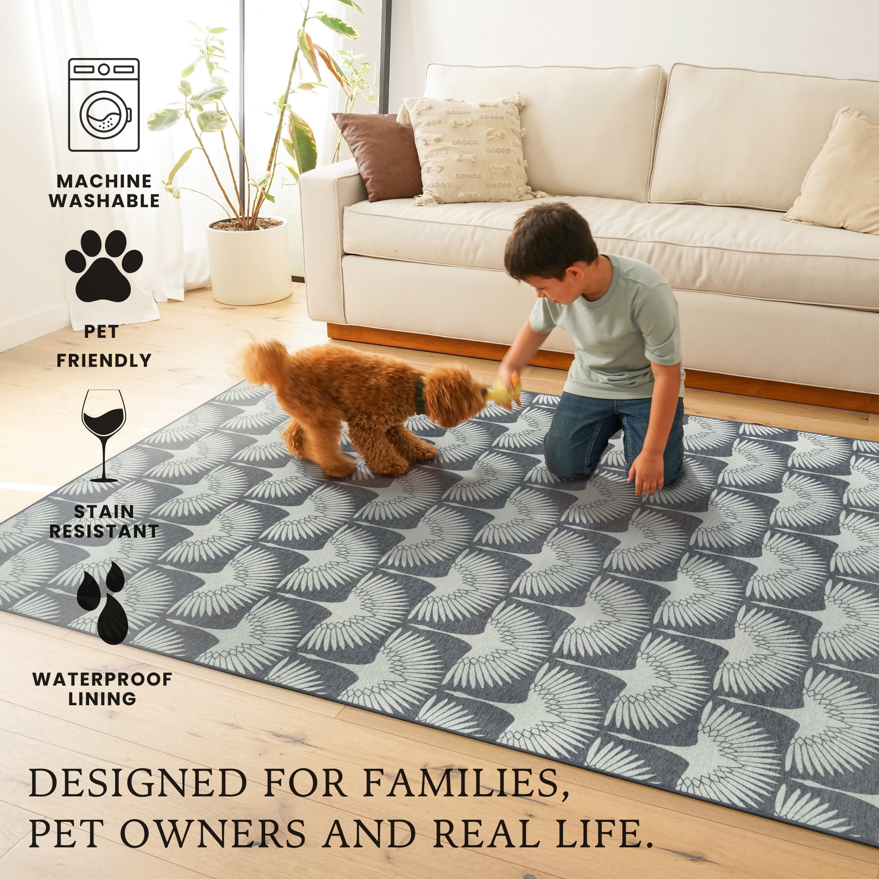 Flock Slate Grey Bedroom Washble Rug