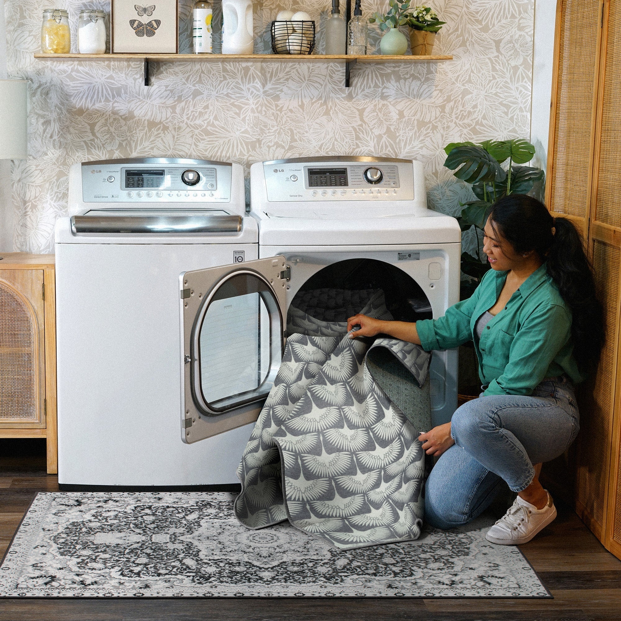 Flock Slate Grey Bedroom Washble Rug