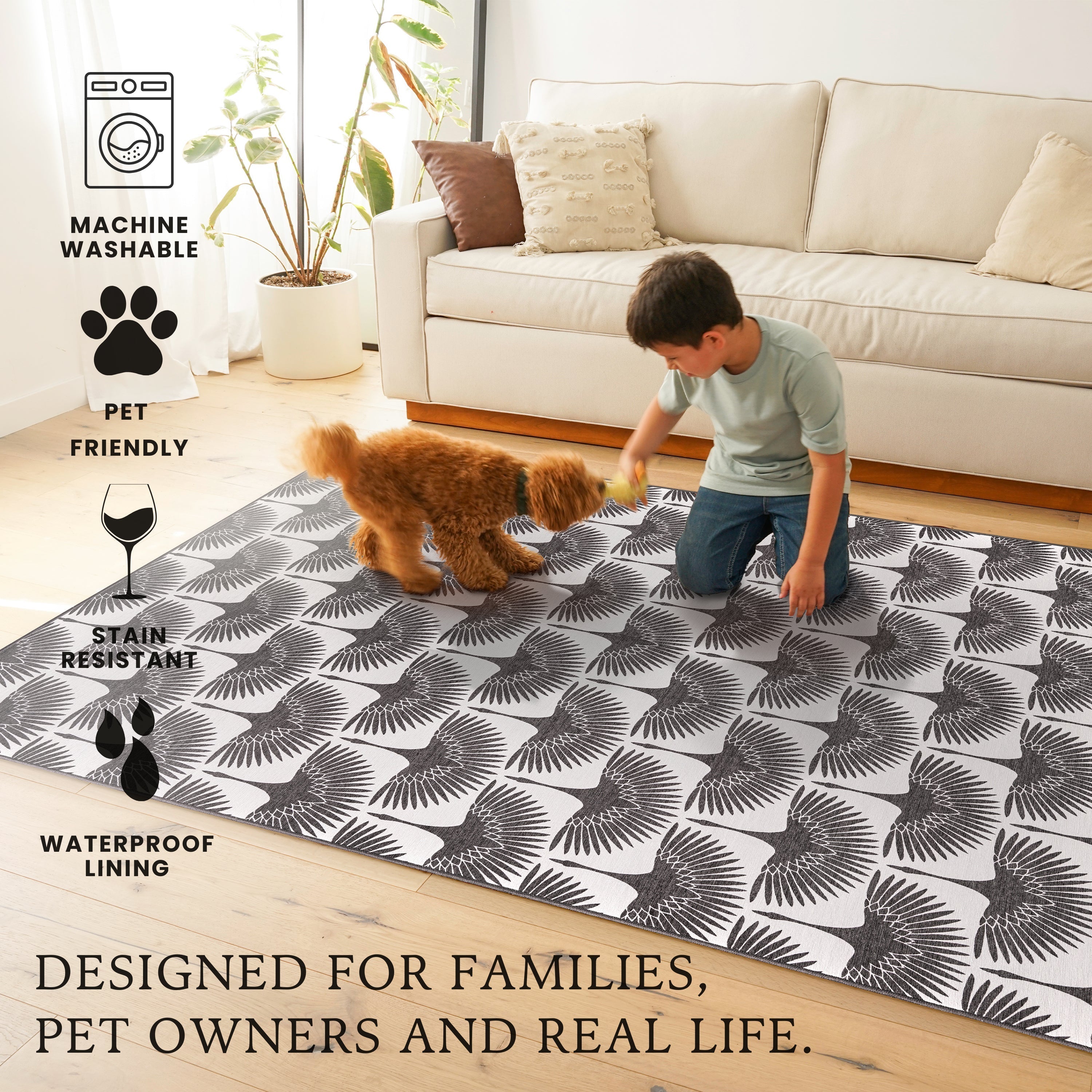 Flock Kettle Black Bedroom Washble Rug