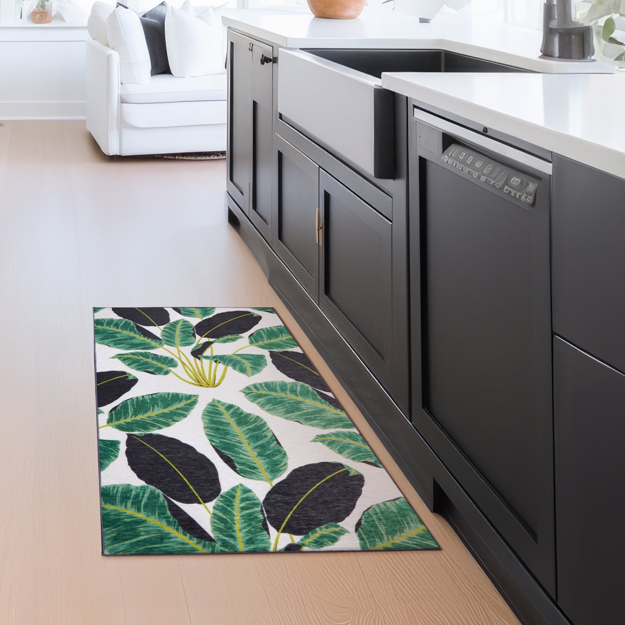 Hojas Rainforest Emerald Kitchen Washable Rug