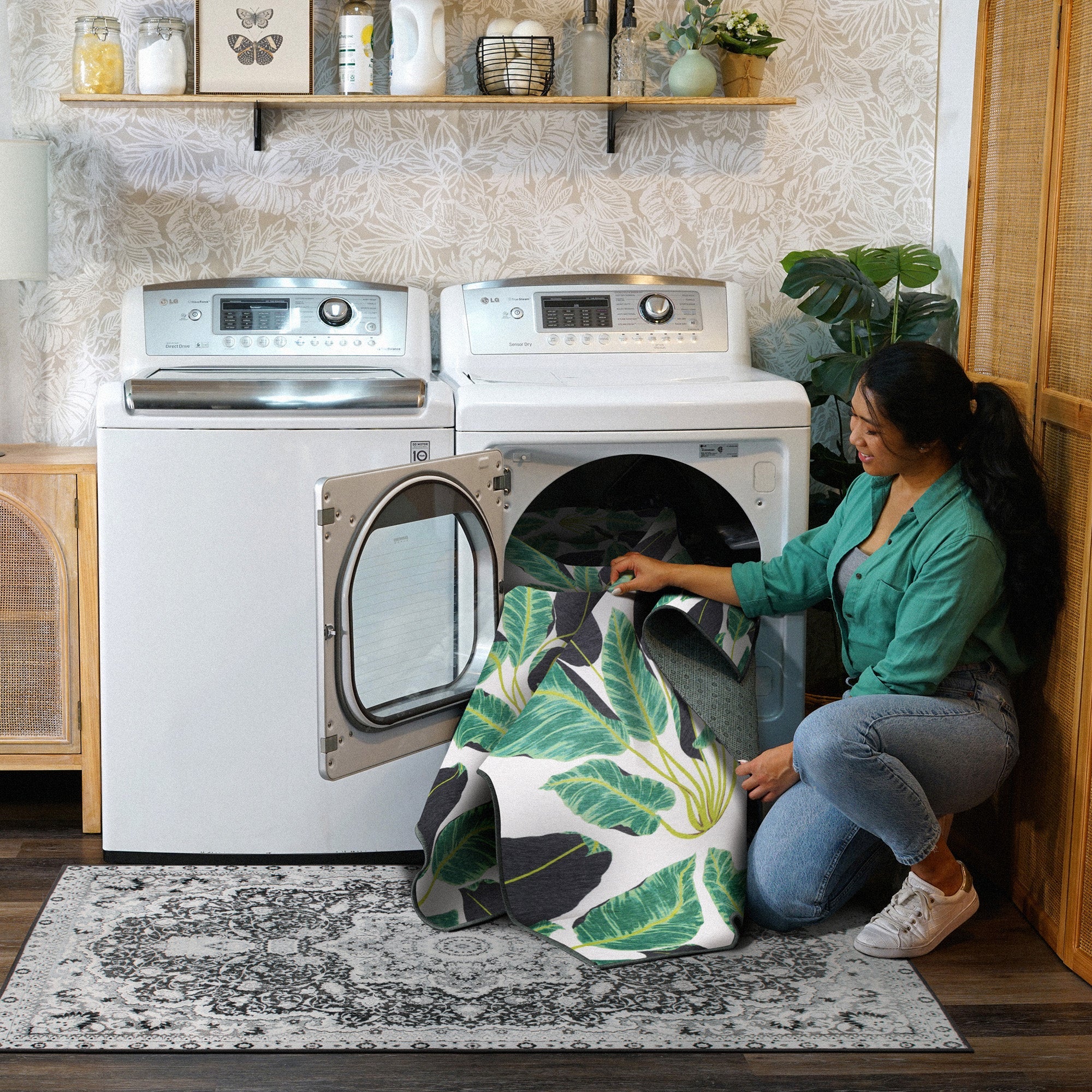 Hojas Cubanas Mint Kitchen Washable Rug
