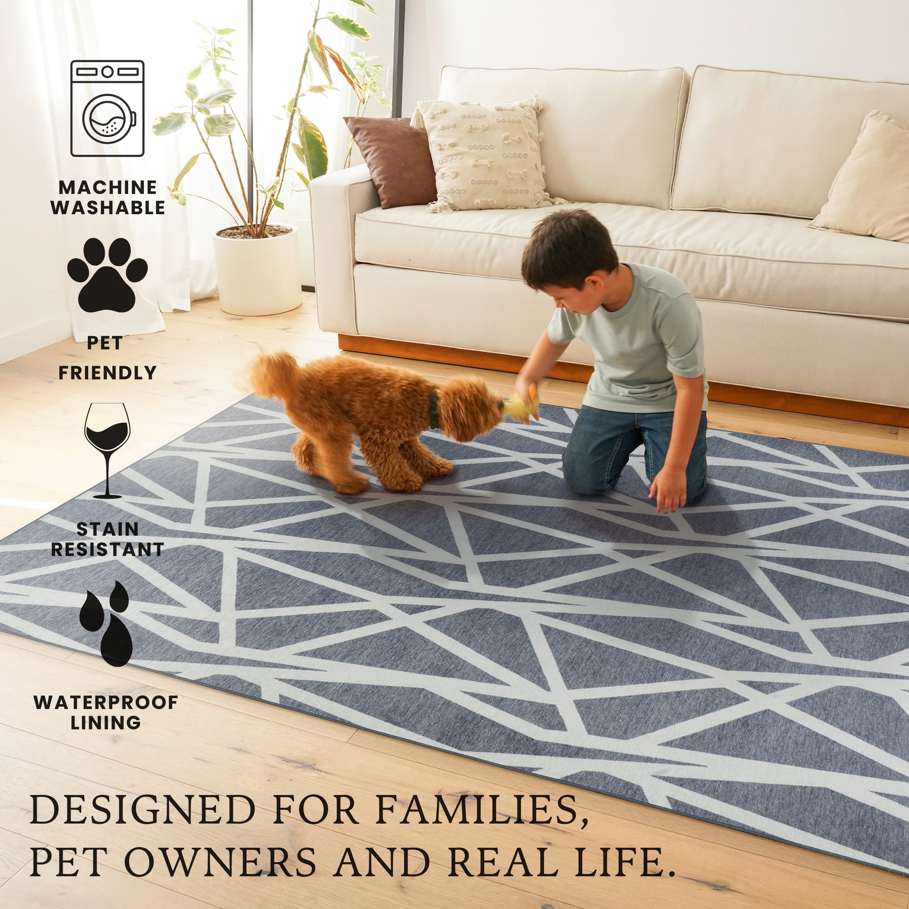 Intersections Slate Grey Bedroom Washble Rug