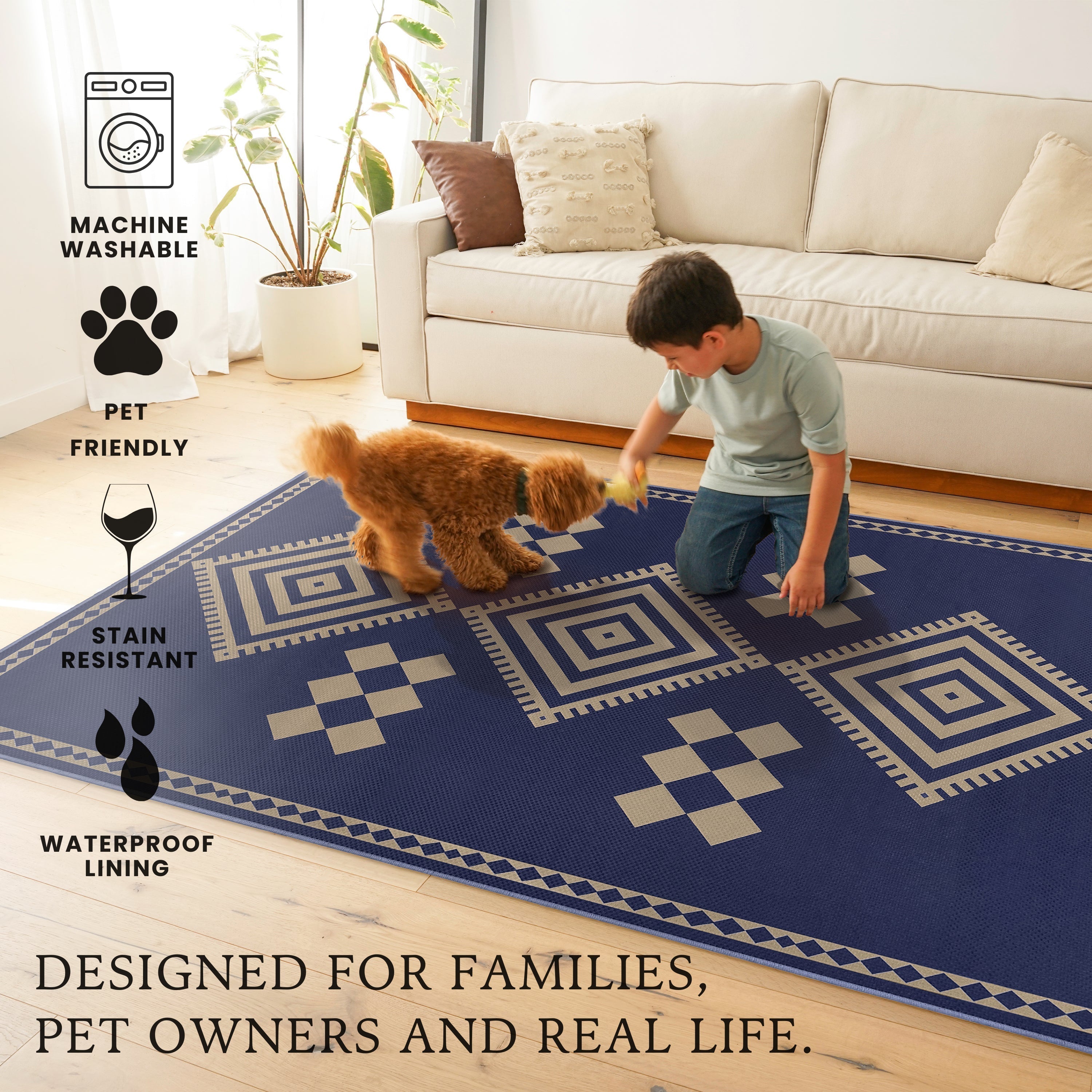 Jute Kilim Kiki Navy Bedroom Washble Rug 5'x7'