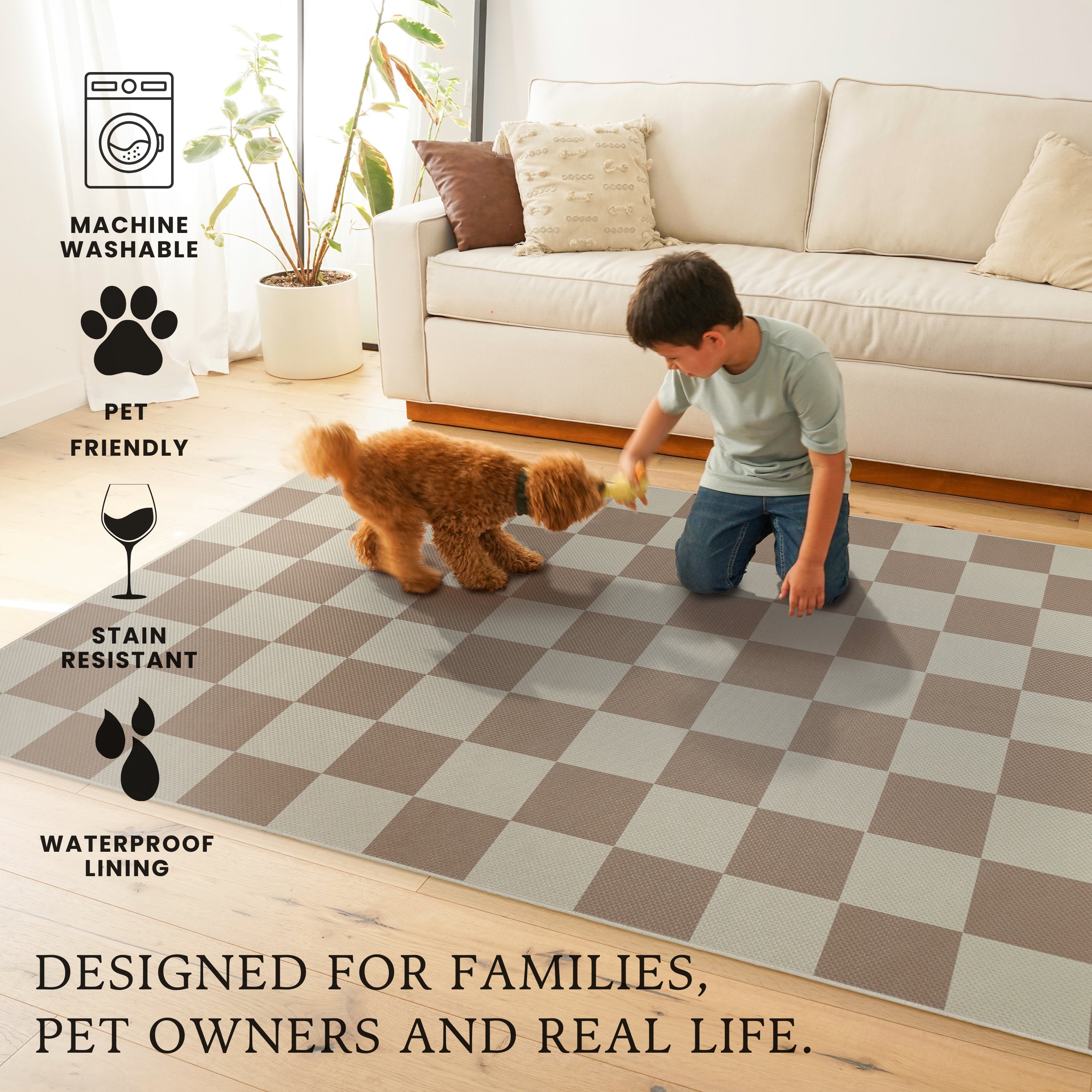 Jute Jaya Checkered Natural Bedroom Washble Rug 5'x7'