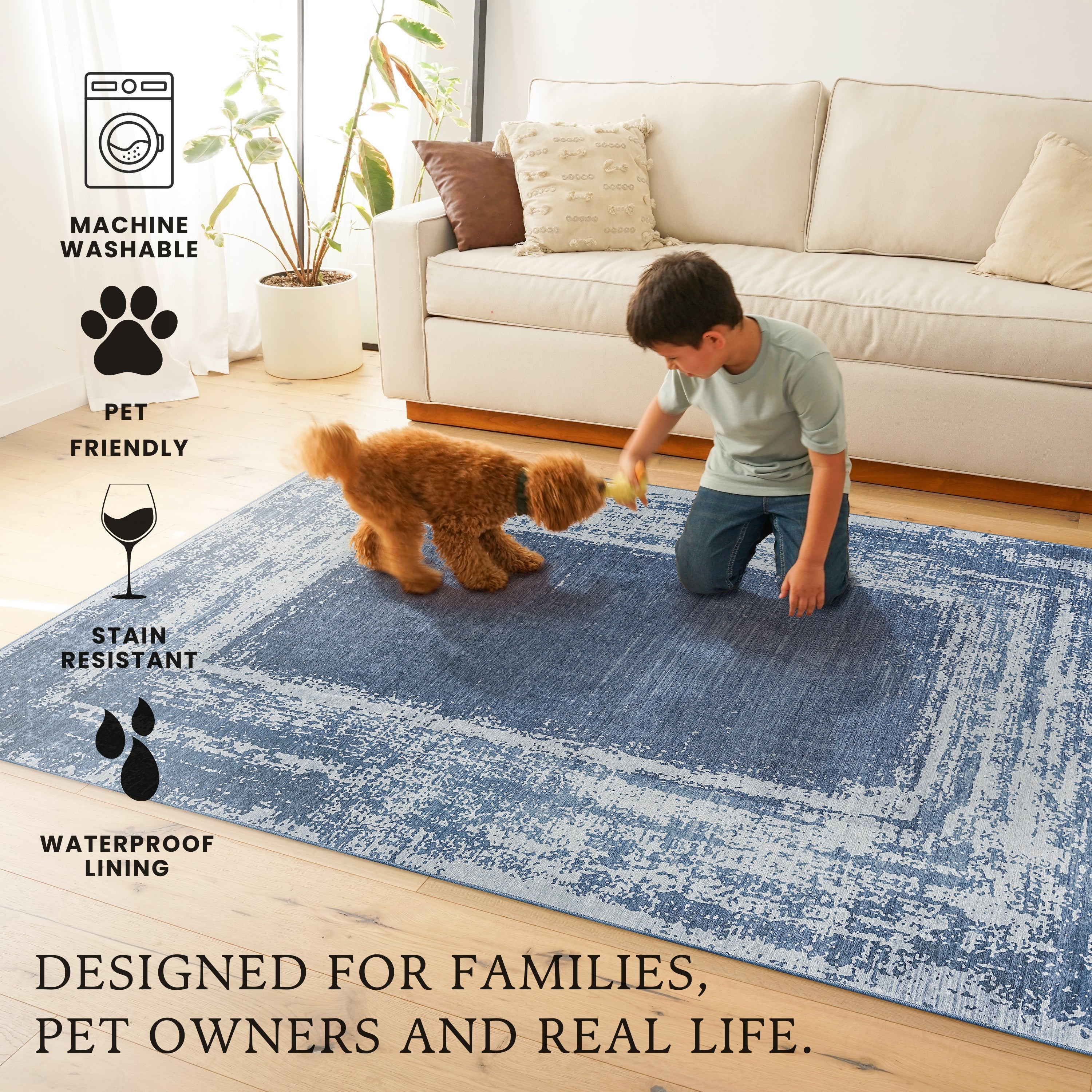 Amaya Bordered Abstract Navy Washable Rug
