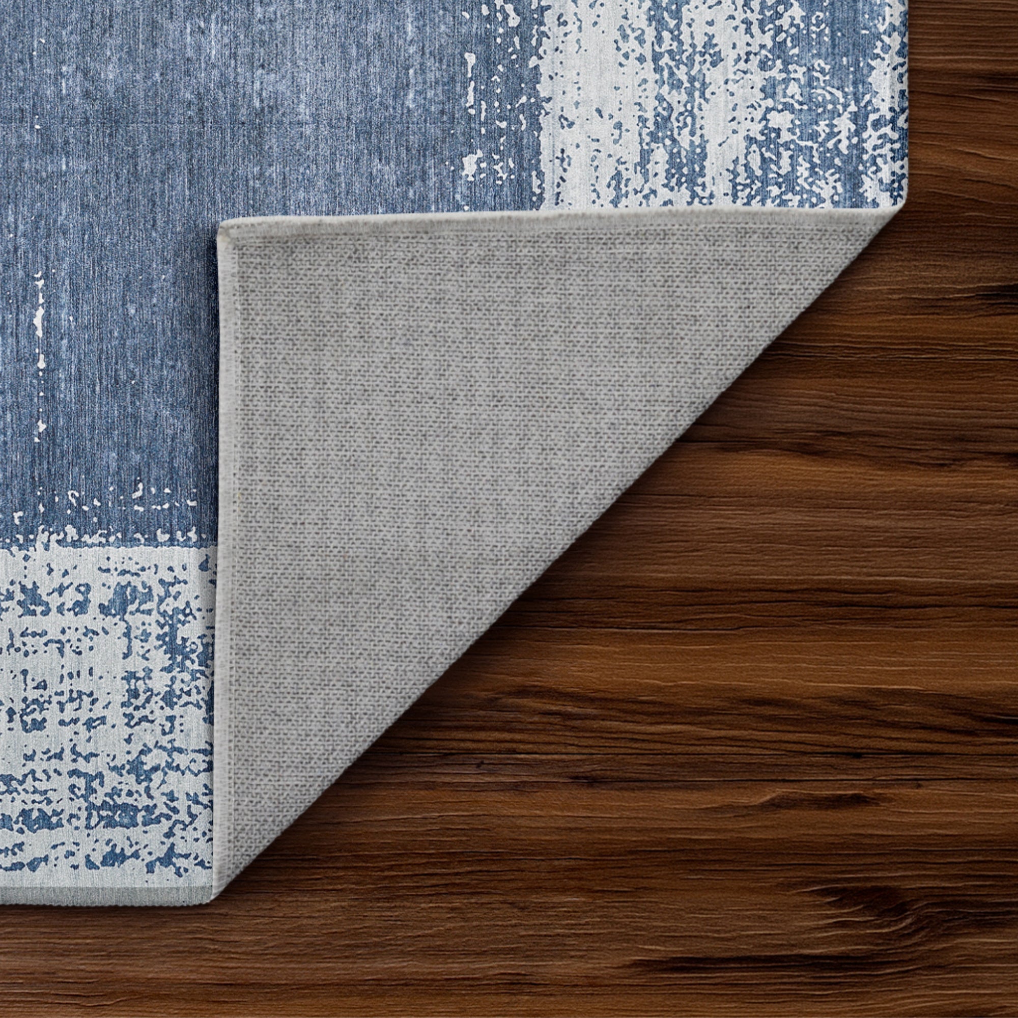 Amaya Bordered Abstract Navy Dining Room Washable Rug