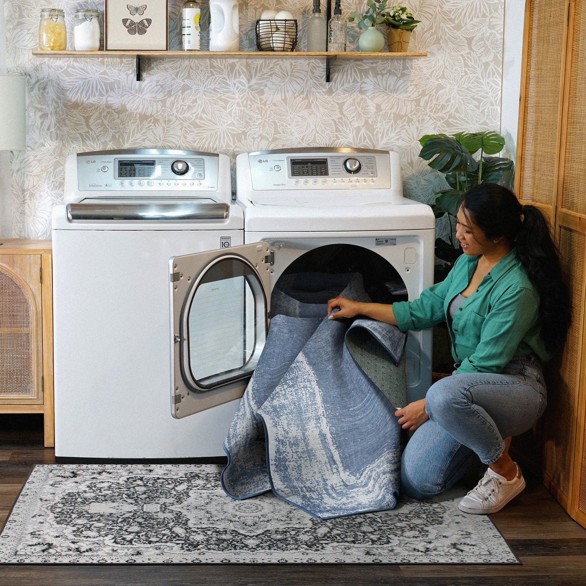 Amaya Bordered Abstract Navy Kitchen Washable Rug