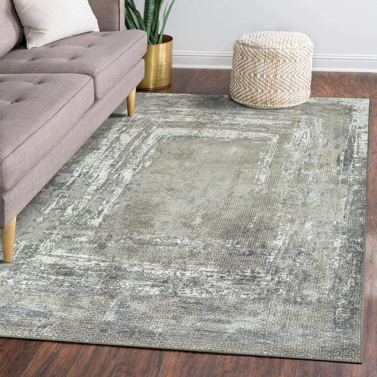 Amaya Bordered Abstract Greige Washable Rug