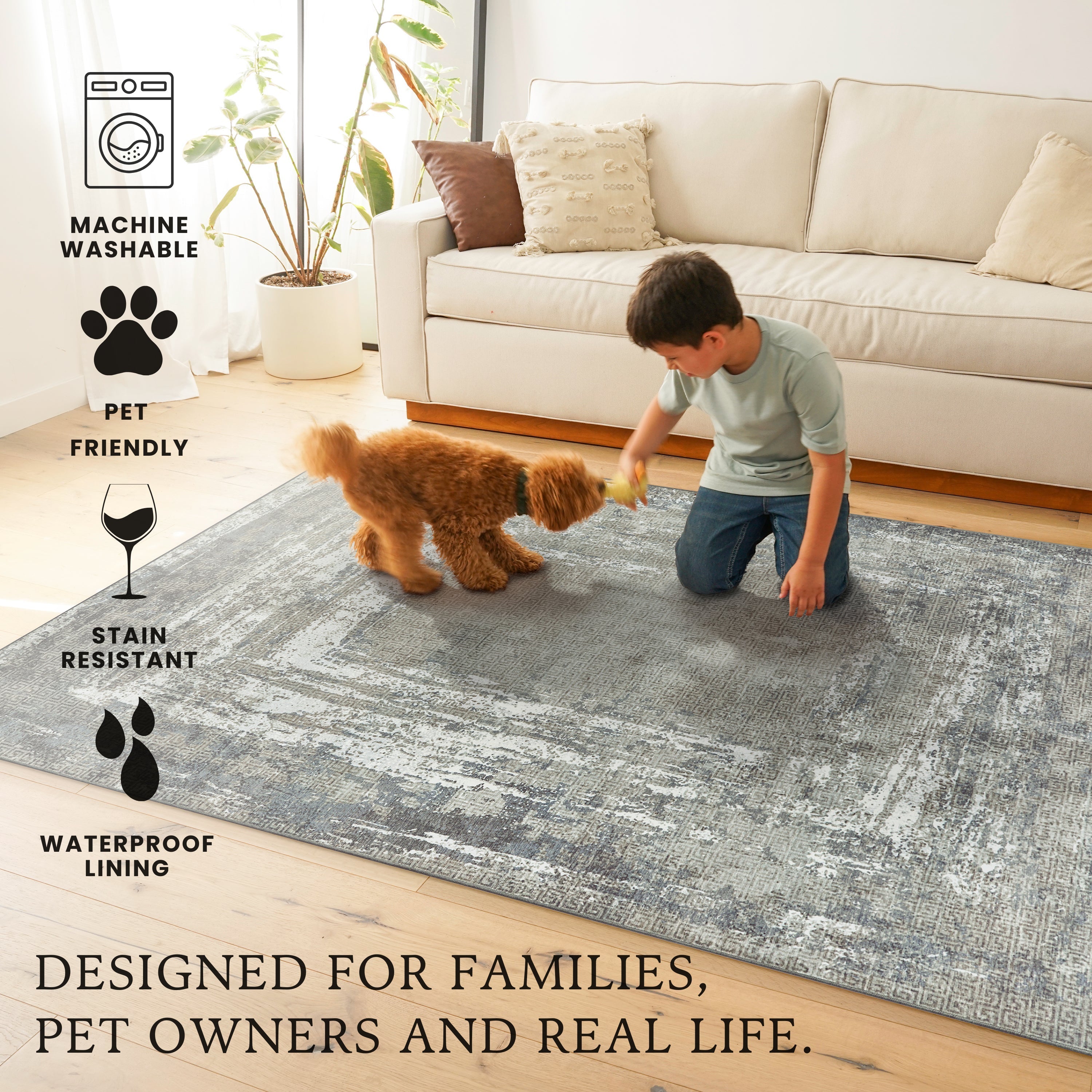 Amaya Bordered Abstract Greige Washable Rug